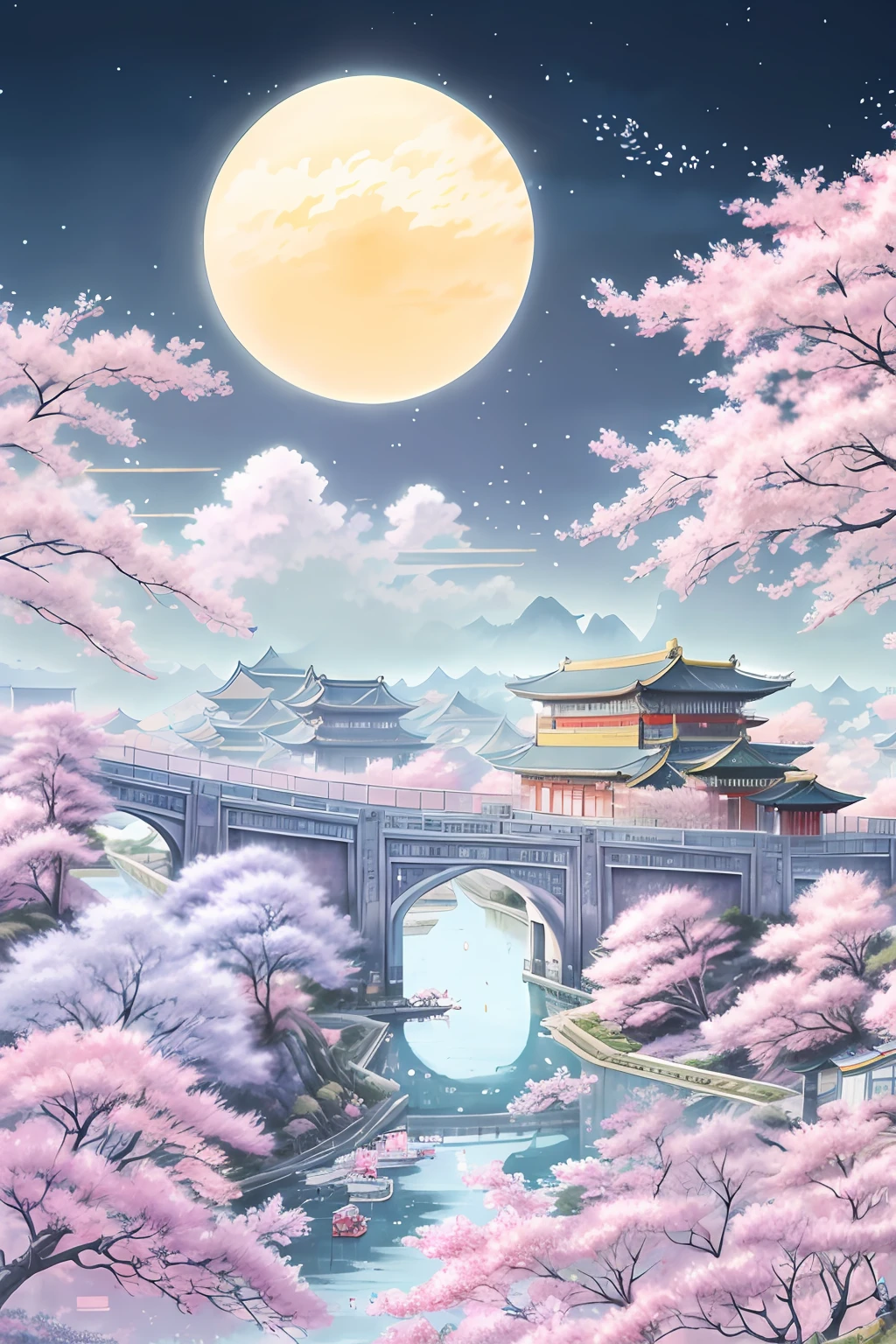 There is a painting，A cat sits on a bridge, Anime background art, dreamy Chinese towns, landscape artwork, Japanese art style, Beautiful rendering of the Tang Dynasty, Detailed scenery —width 672, anime backgrounds, oriental wallpaper, 8K high quality detailed art, dream scenery art, Landscape wallpaper aesthetics, scenery art detailed, background artwork