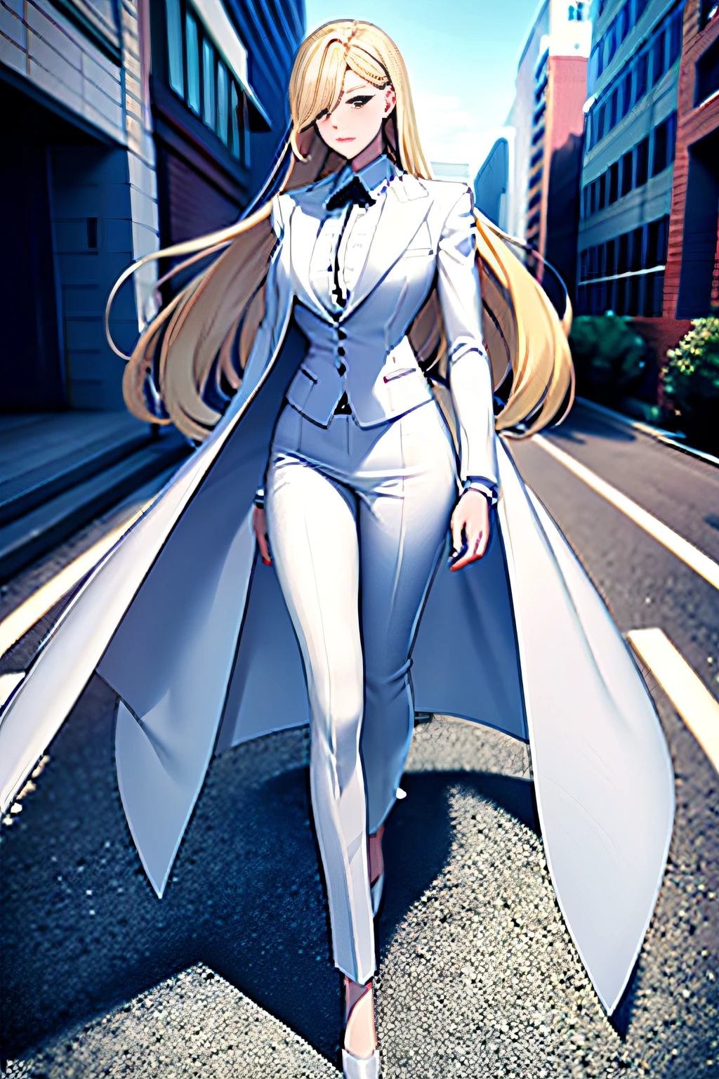 Blonde woman in white suit and tie walking down the sidewalk, wearing futuristic white suit, While wearing a white Business suits, White suit, girl in a suit, wearing elegant outfits, Girl in suit, wearing fashion suit, with long white hair, dragon - inspired suit, stylish suit, wearing tight suit, dressed in a suit, wearing a strict business suit, modern maximalist suit