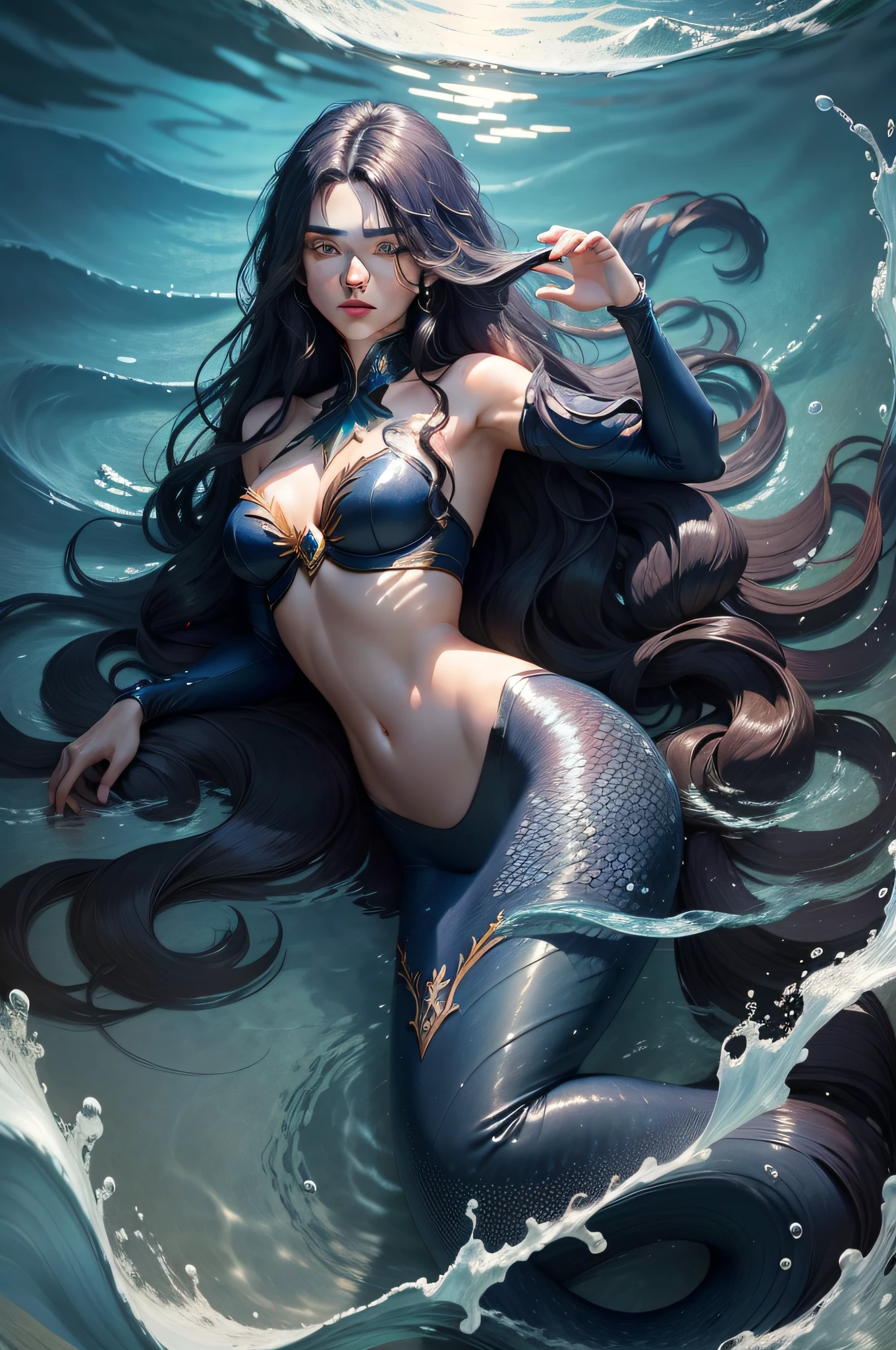 The animations are rich in detail,This is a high-quality 8K masterpiece,18-year-old beauty,Long dark blue hair,wavy and long hair,swimming a n middle of the sea,Fantasy style,Mermaid pose