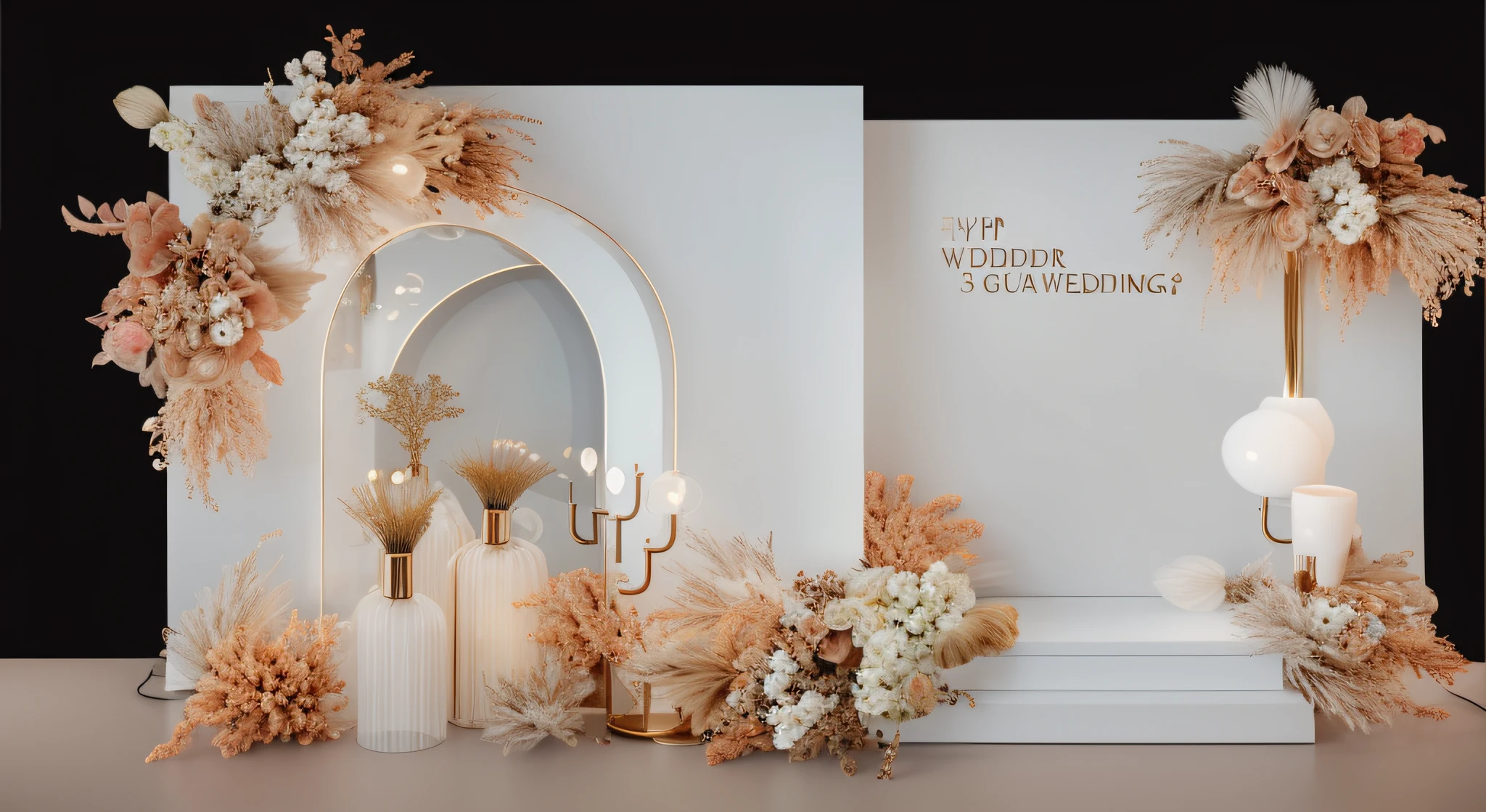 8K quality，Ultra-clear，Golden，opulent，lamp lights，Wedding renderings，Interior design，3Drenderingof，8K分辨率，hyper HD，florals，small flower，lot of flowers，Floral，