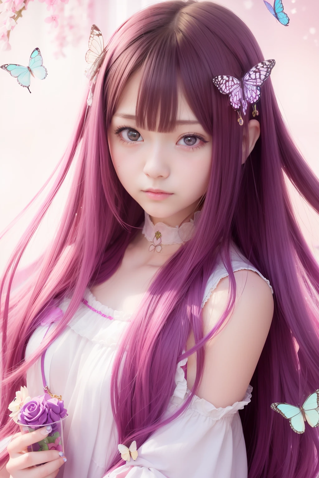 Drawing of a woman with long hair and a butterfly in her hands, portrait of the magical girl, Portrait of an anime girl, decora inspired illustrations, an anime drawing, anime style portrait, marin kitagawa fanart, inspired by Manabu Mabe, anime character portrait, anime portrait, portrait of anime girl, inspired by Rei Kamoi, inspired by Jin Homura