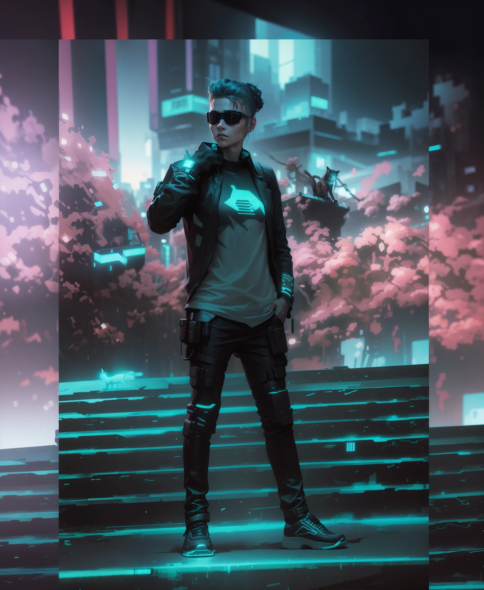 Cyberpunk, Dystopia, Futurist .full body wallpaper with cat --auto