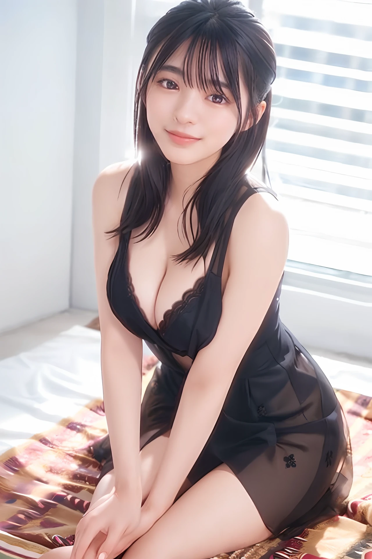 1 girl, 16yo, solo, negligee, black eye, realistic, high res, blush, extremely detailed face, (medium hair), (medium breast), floating hair, smile, open_mouth, full body, (dynamic pose:1.2), top angle view, (daytime), ((looking at the viewer:1)), (looking at the camera), (portrait:0.6), gorgeous, standing, keep original facial proportion, brown hair, lips, lipstick, seductive smile, teeth, eyelashes, photorealistic, lens flare, soft lighting, cowboy shot, best quality, masterpiece, 8k, leaning forward, cleavage