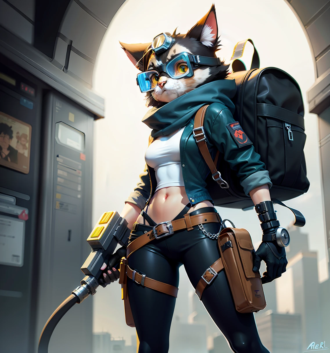 Sketch of a cat with a backpack and goggles, Highly detailed character design, Cartoon concept art, line work concept art, comic character design, senior concept artist, detailed character art, Stylized character design, character concept explorations, very stylized character design, Official concept art, official character illustration, high quality character design, Stylized concept art, anthro concept art,C4D,3D,oc rendered