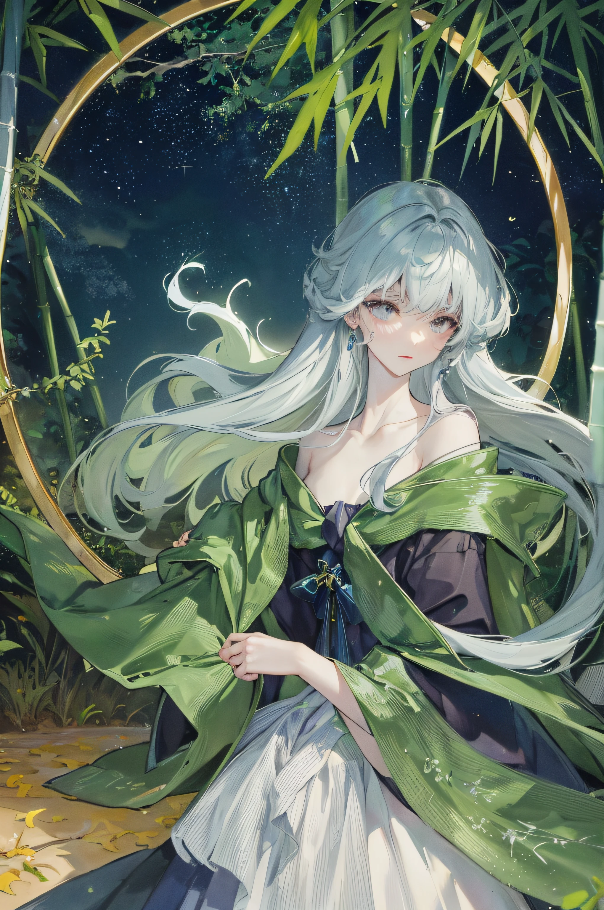 Masterpieces, superb hands, facial details, delicate makeup, a mysterious and psychedelic bamboo forest scene is presented before you on this cold autumn night. A creek babbling, a sea of clouds and a starry sky intertwined, and an antique bridge spans it, under which a few fallen leaves and bamboo leaves float. The whole scenery presents a low-saturation gray-blue, light gray, dark green, dark green, dark purple and dark blue, giving people a cool, aesthetic and elegant feeling. In addition, the scene also integrates elements of ancient style, fairy tales, ink painting and landscape artistic conception, presenting an otherworldly temperament and making the whole scene more elegant and poetic. Starlight dotted in this secluded bamboo forest, adding infinite spirituality to this beautiful scene, people can't help but be enchanted,