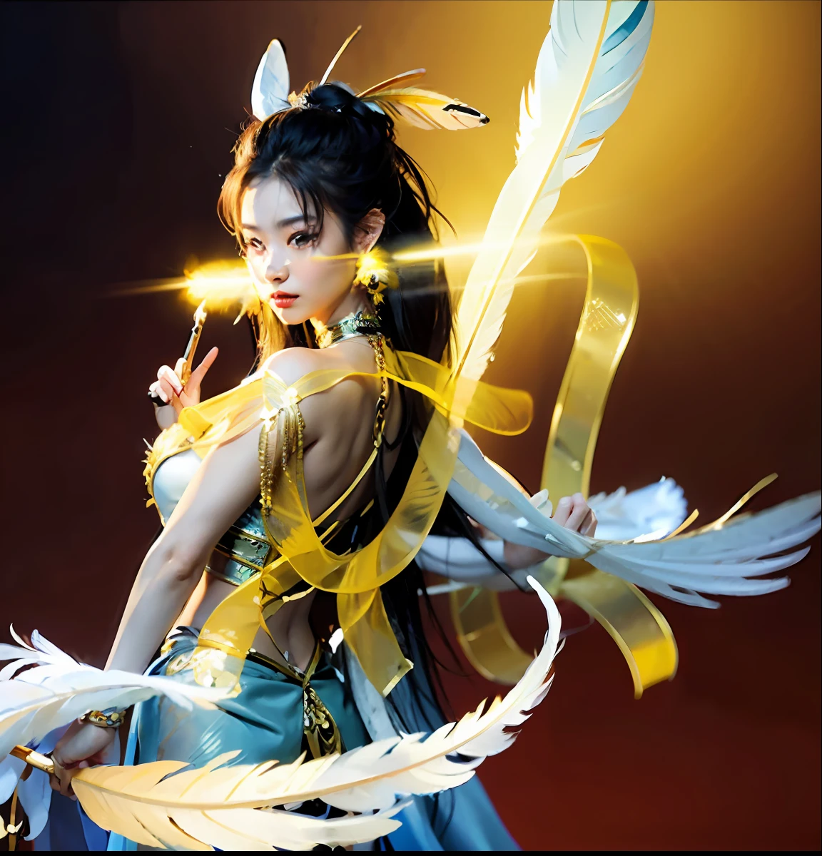 A masterpiece of a Buddhist Guanyin Bodhisattva, white super long hair, flowing long hair, exquisite jewelry, delicate bracelets, exquisite hair accessories, high on the feeling, aperture on the back, bodhisattva, fairy qi fluttering, holding various magic weapons in his hands, golden bracelets on ankles, ancient Chinese costumes, robes, gorgeous silk, flowing tulle, dazzling background, golden aperture on the back, gold Falun on the back, best light, backlit shooting, movie filter, (hands together), (thousand hands Guanyin statue), ultra HD, 8k, fair skin, Wolp_style, duhuang_style, upper body close-up, detailed face, 28 years old, 1girl, fitness marks, slim body, a little muscular, vest line, back curved body, digital illustration art, superlative art painting, (abstract background:1.3), (shiny skin), (many colors:1.4), ,(earrings), ( feathers:1.5) , (Flamethrower:1.3),red background