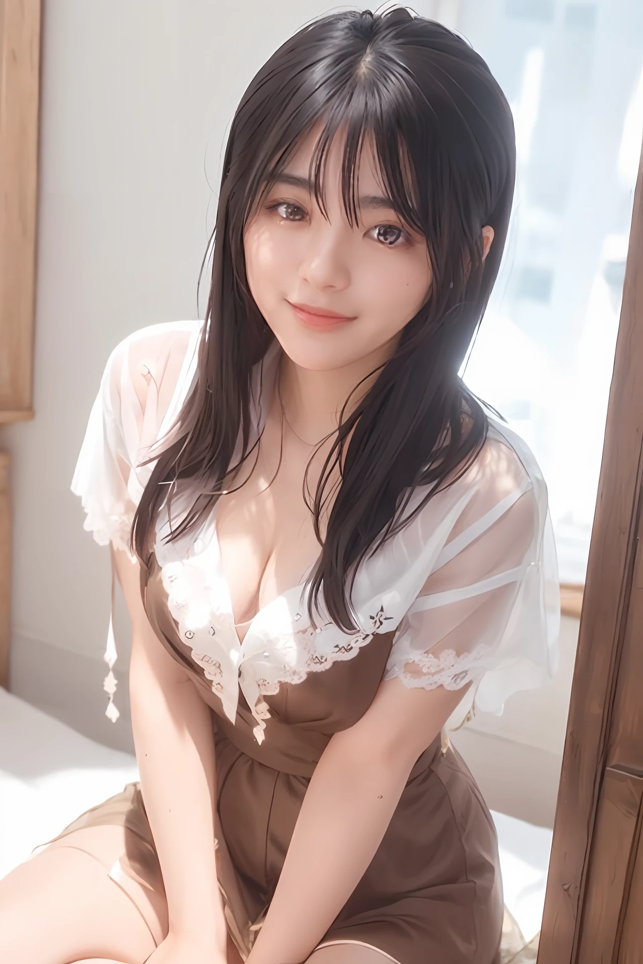 1 girl, , solo, negligee, black eye, realistic, high res, blush, extremely detailed face, (medium hair), (medium breast), floating hair, smile, open_mouth, full body, (dynamic pose:1.2), top angle view, (daytime), ((looking at the viewer:1)), (looking at the camera), (portrait:0.6), gorgeous, standing, keep original facial proportion, brown hair, lips, lipstick, seductive smile, teeth, eyelashes, photorealistic, lens flare, soft lighting, cowboy shot, best quality, masterpiece, 8k, leaning forward, cleavage