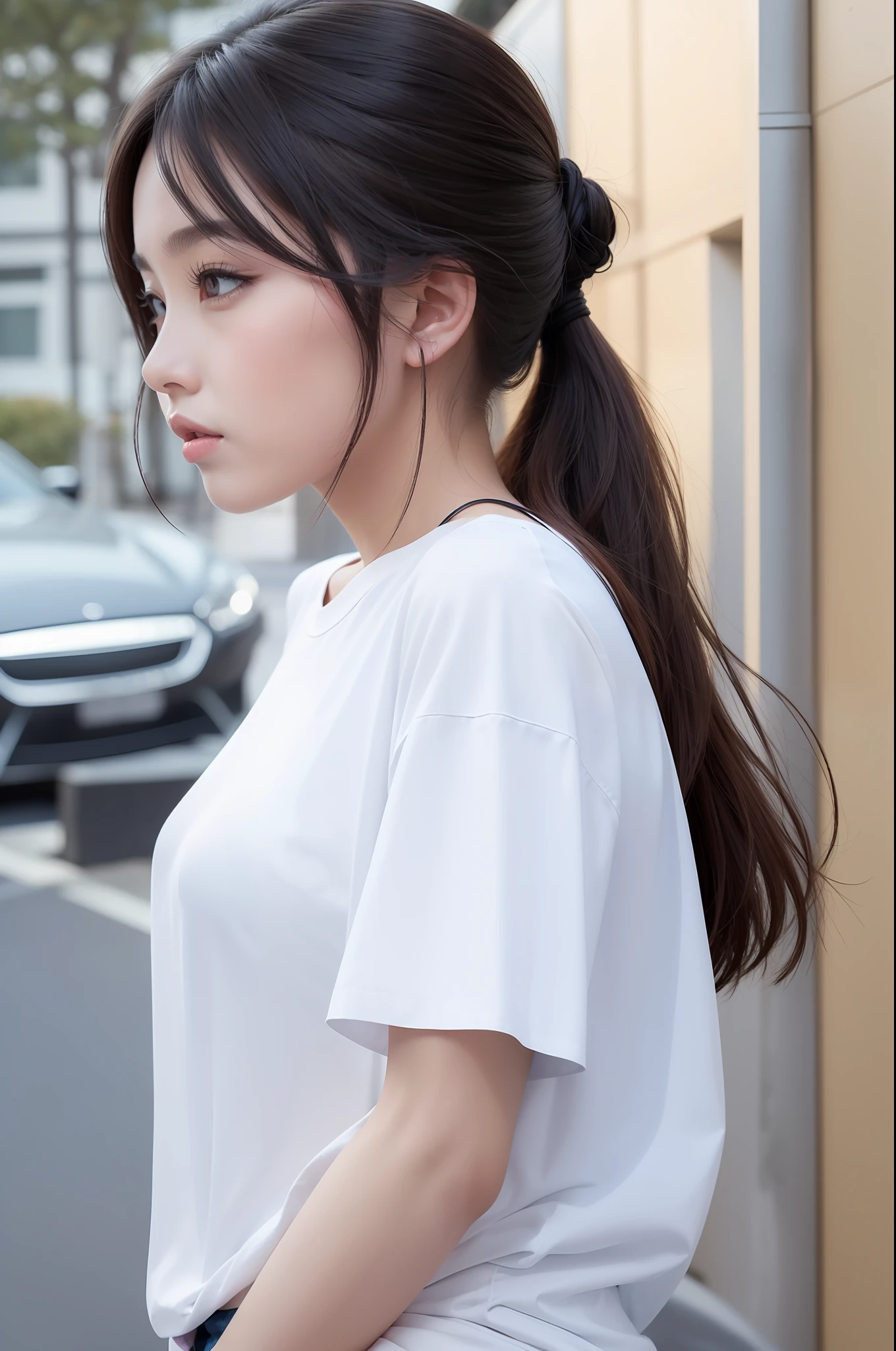 8K, best quality, (masterpiece), (photorealistic), (realistic), (ultra high definition), ray tracung, (side view), 1 girl, japanese female, high definition cute face, high definition closed mouth, high definition eyes, above waist, white T-shirt
