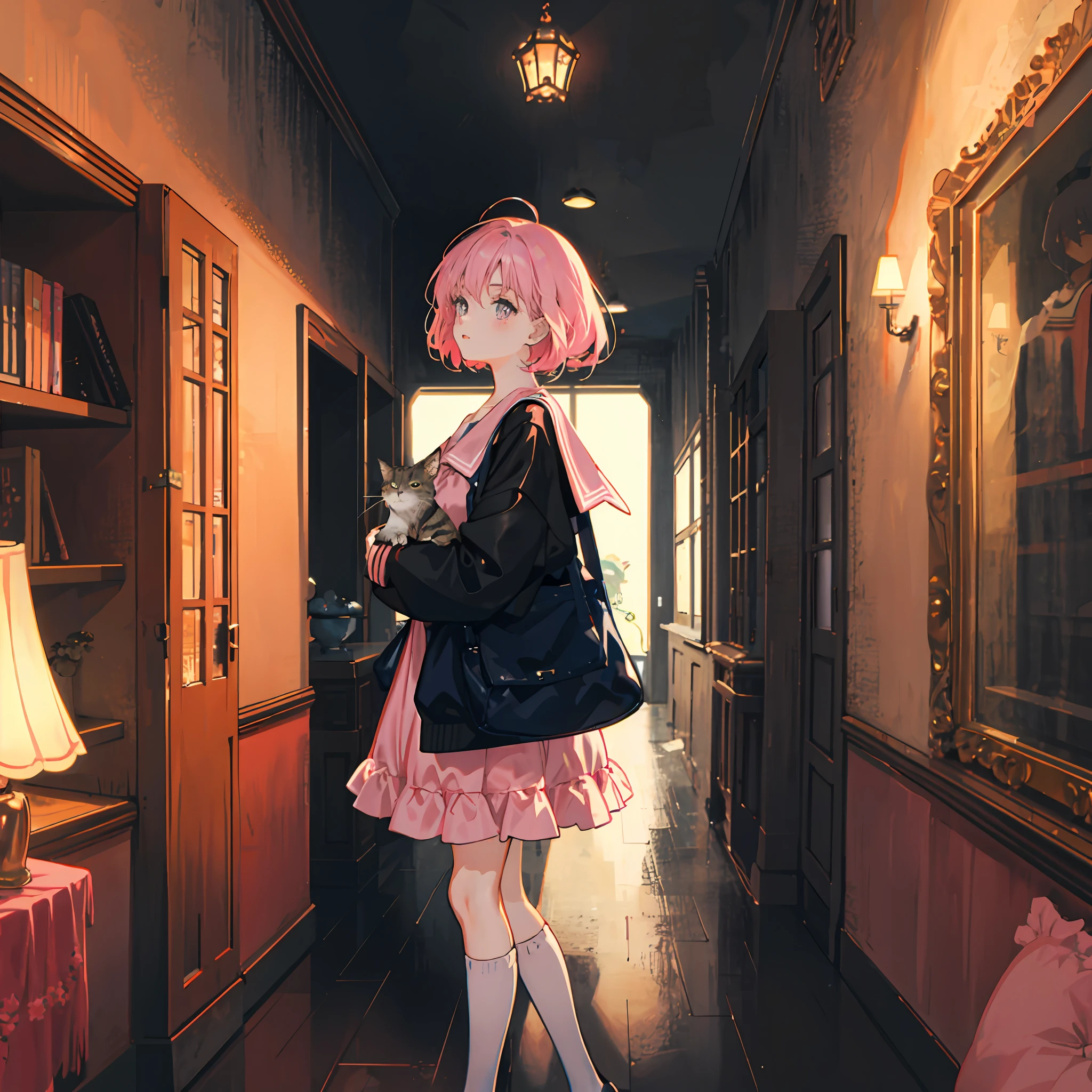 A young girl holds a cat in a dimly lit room，pix，Girl's room，Pink and black clothes，unwind，Solo，Loepfe Art Style，animeaesthetic，8 0 s anime atmosphere，morbid，Lofi art，lofi girl aesthetic，8 0 s anime style，modern anime style， 1 0 0 0 x 1 0 0 0 pixel art