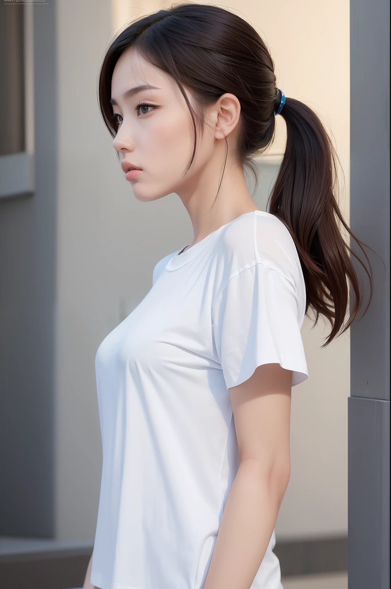 8K, best quality, (masterpiece), (photorealistic), (realistic), (ultra high definition), ray tracung, (from the side), 1 girl, japanese female, high definition cute face, high definition closed mouth, high definition eyes, above waist, white T-shirt