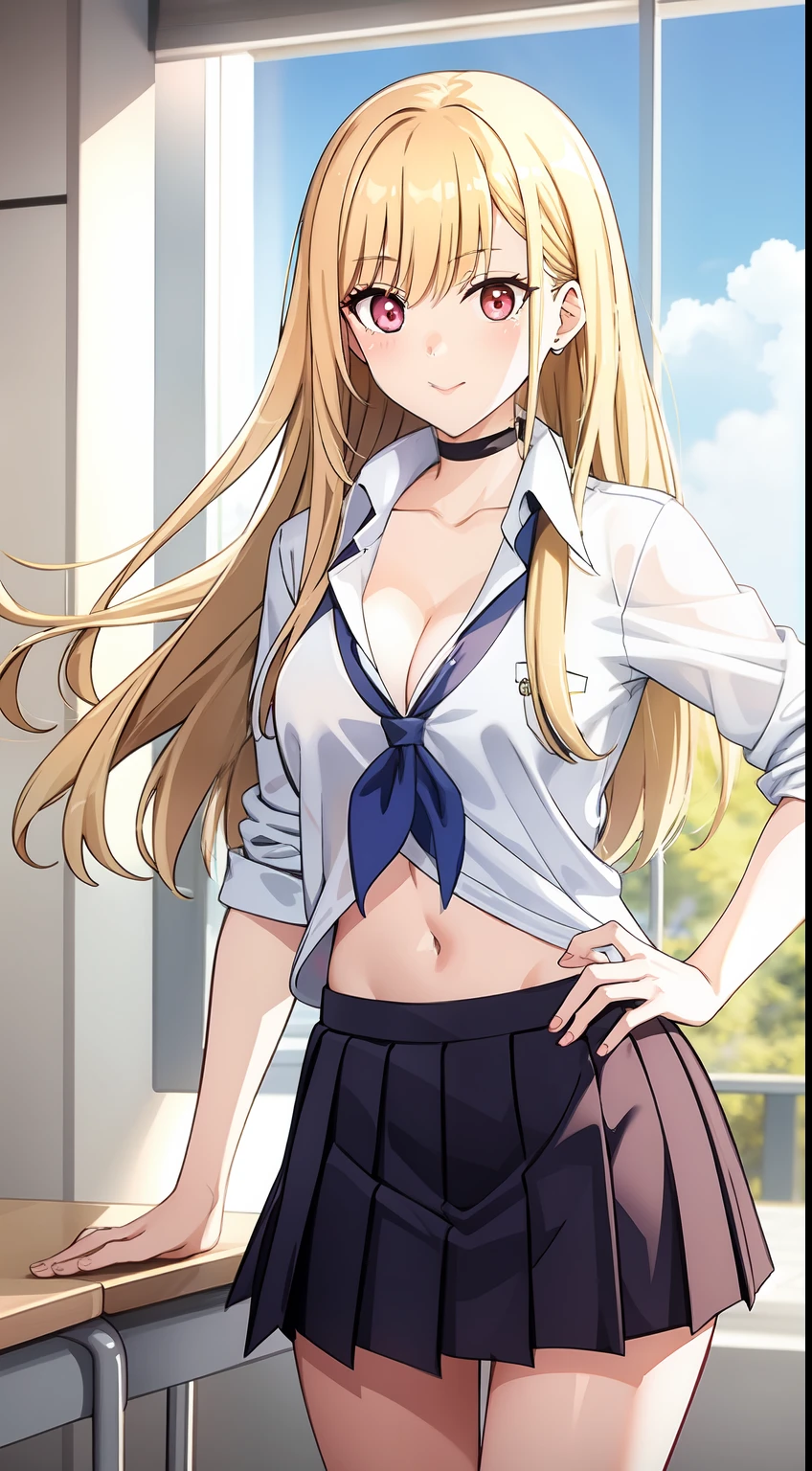 long hair, cleavage, navel, slim legs, blonde hair, skirt, Kitagawa marin, school uniform, class