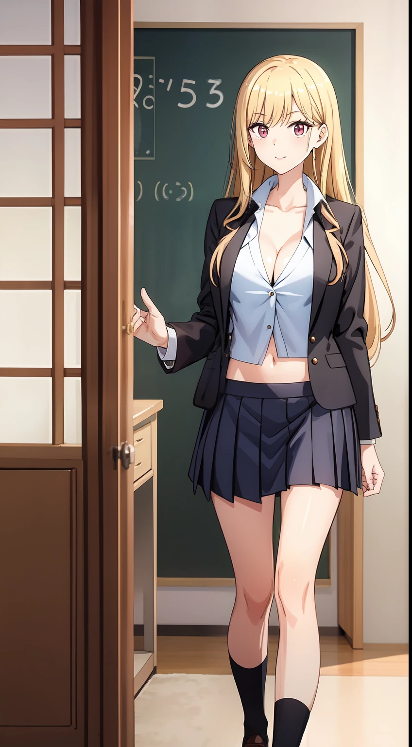 long hair, cleavage, navel, slim legs, blonde hair, skirt, Kitagawa marin, school uniform, class