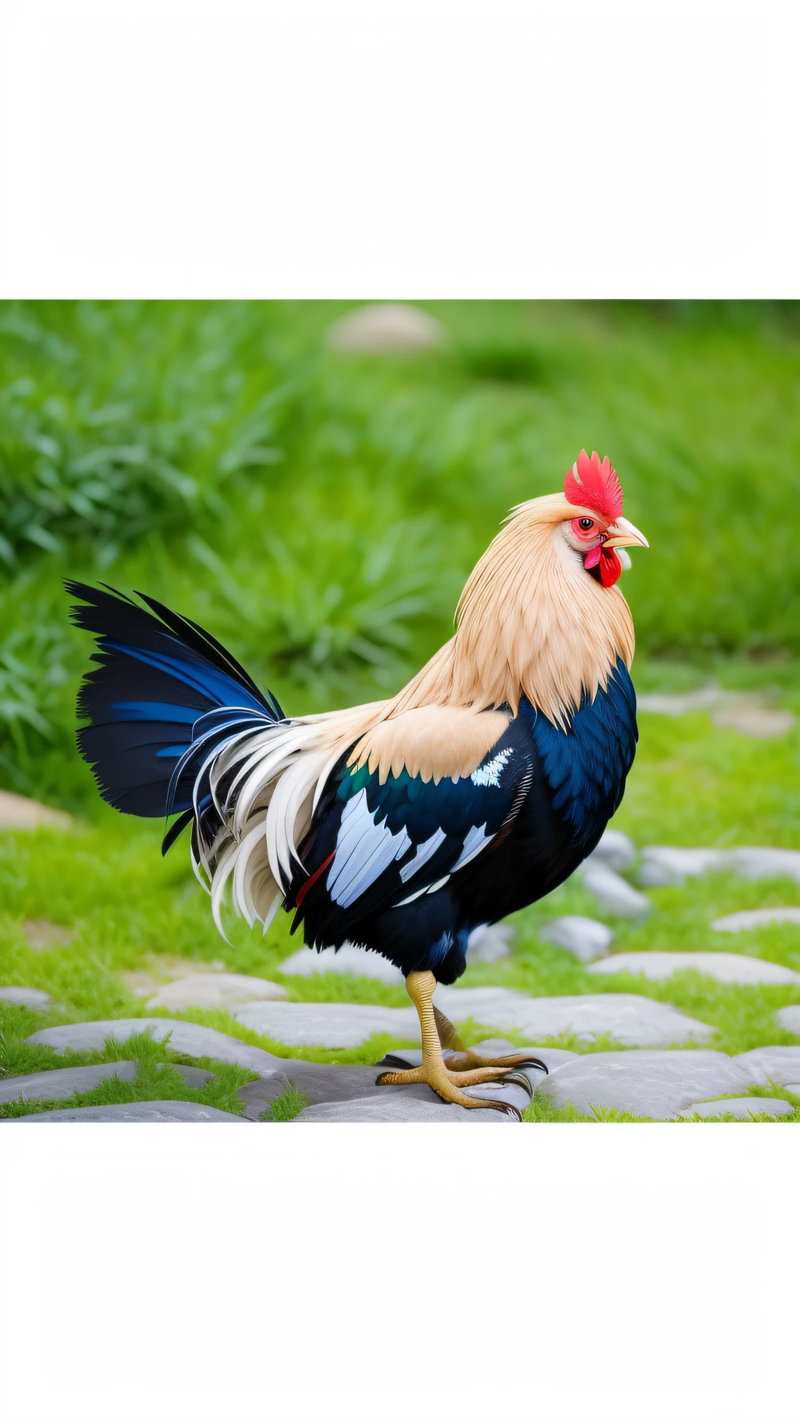 A rooster stands on a stone path in the grass, the king of rooster, anthro rooster, anthro rooster!!!!, cocky, Chicken, cocky expression, proud look, anthropomorphized chicken, Feather, cocky smirk, illustration of a rooster, proud look, gooses, Turaco deformed chicken, profile shot, proud looking away, chicken
