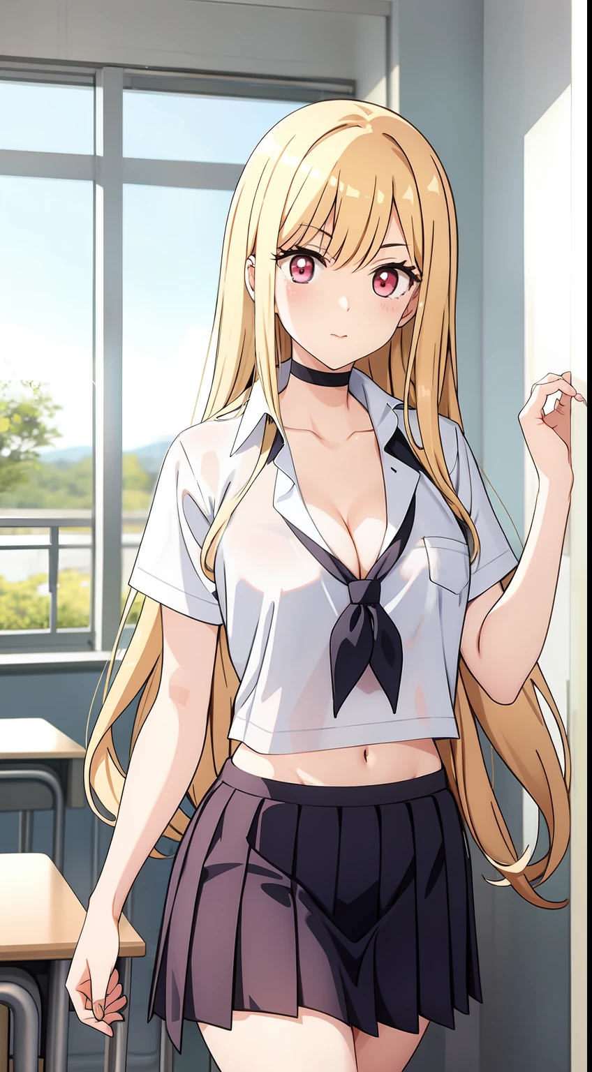 long hair, cleavage, navel, slim legs, blonde hair, skirt, Kitagawa marin, school uniform, class