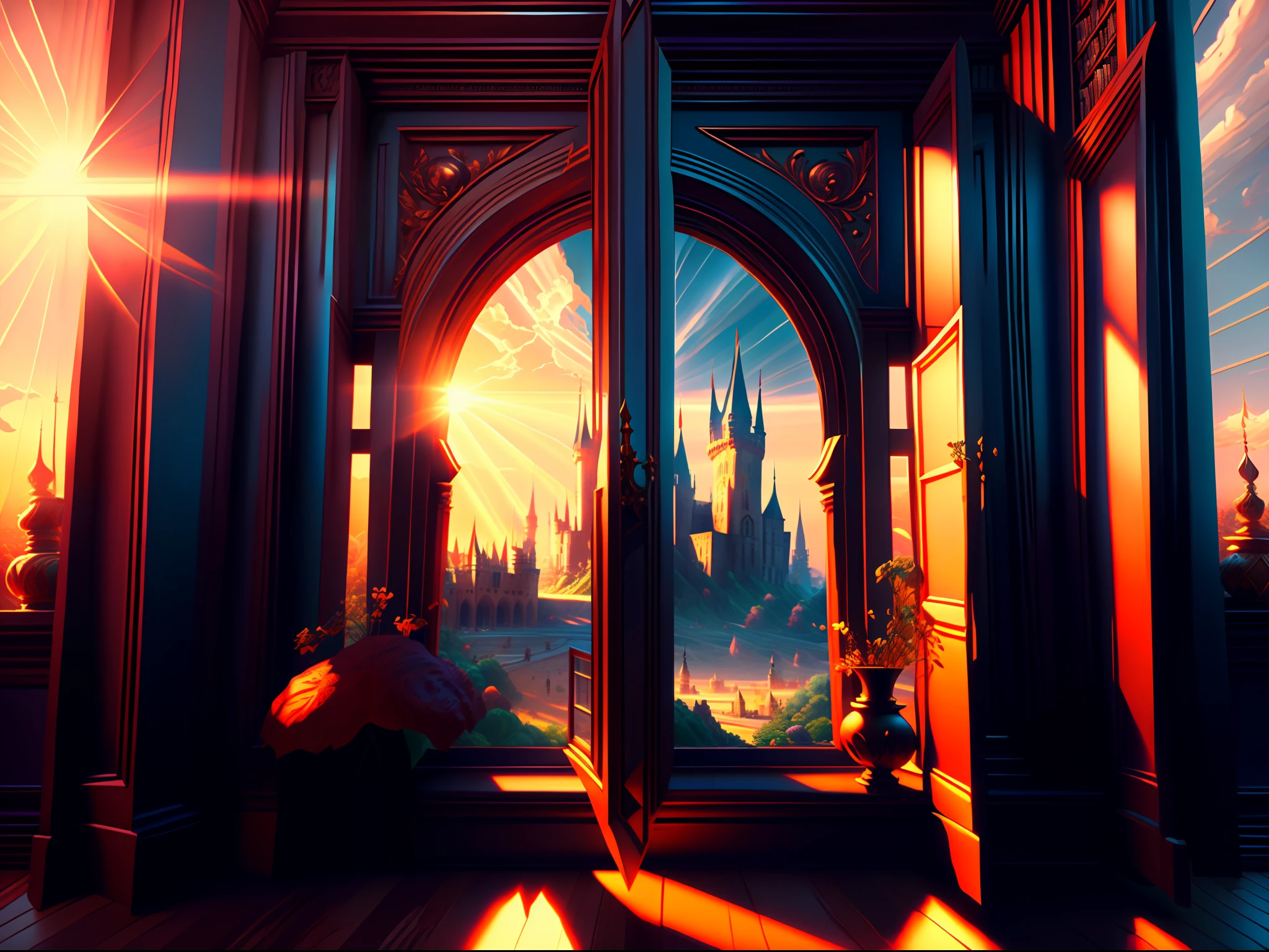 (majestic Sprawling Library With Wall-To-Ceiling Ornate Bookshelves), (((open window facing distant grand castle))), Sun Rays From Windows, Varied Books, by alphonse mucha, octane render, rich Color, Masterpiece, colorful, award-winning photography, sharp focus, Extreme Detail, Hyperrealistic, 8k uhd, photorealistic, Exquisite Detail, Detailed Full-Color, ((cinematic Lighting)), artistic Composition, trending on artstation