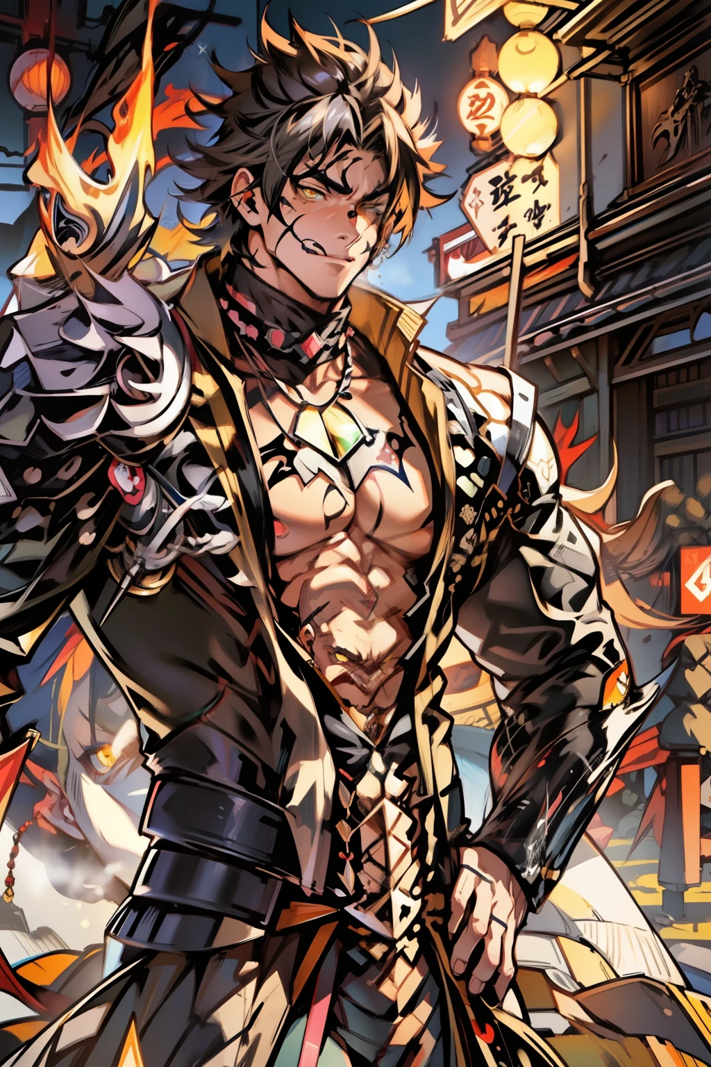 《the original god》Arataki Kazuto , male people,,((Masterpiece)), ((Best quality)), Ultra detailed,((illustration)), Dynamic Angle, Detailed light, (Delicate eyes), Floating, 1boy, Male focus, Head, Clothing, Yellow eyes, necklace, tattoo, (Forehead:0.8), (ahoge:0.8), jewelry, apathy,Ray, chest muscle, Sexy , Venom symbiote for your body, Black mucus of the body , (into venom), Venom,frontage,style of anime4 K, 4K anime wallpaper, Badass anime 8 K, 4 k comic wallpaper, young anime man, Anime boys, Anime wallpapers 4 k, Anime wallpaper 4K, High quality anime art style, Anime moe art style, Anime art wallpaper 8 K, Anime art wallpaper 4 K, RGB lighting
