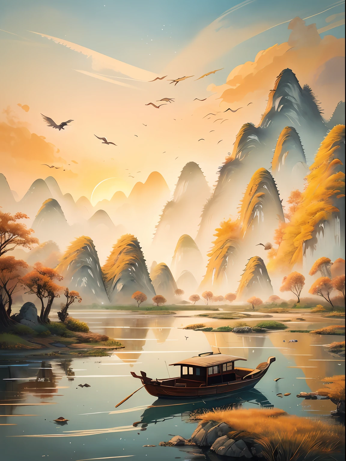 （best qualtiy:1.2），Ink landscape painting style，Autumn in the landscape of Guilin。Sunset Dusk, China，Lonely boat in the mountains，((A lonely wild goose flying in the sky))，（There is no one in the picture）。