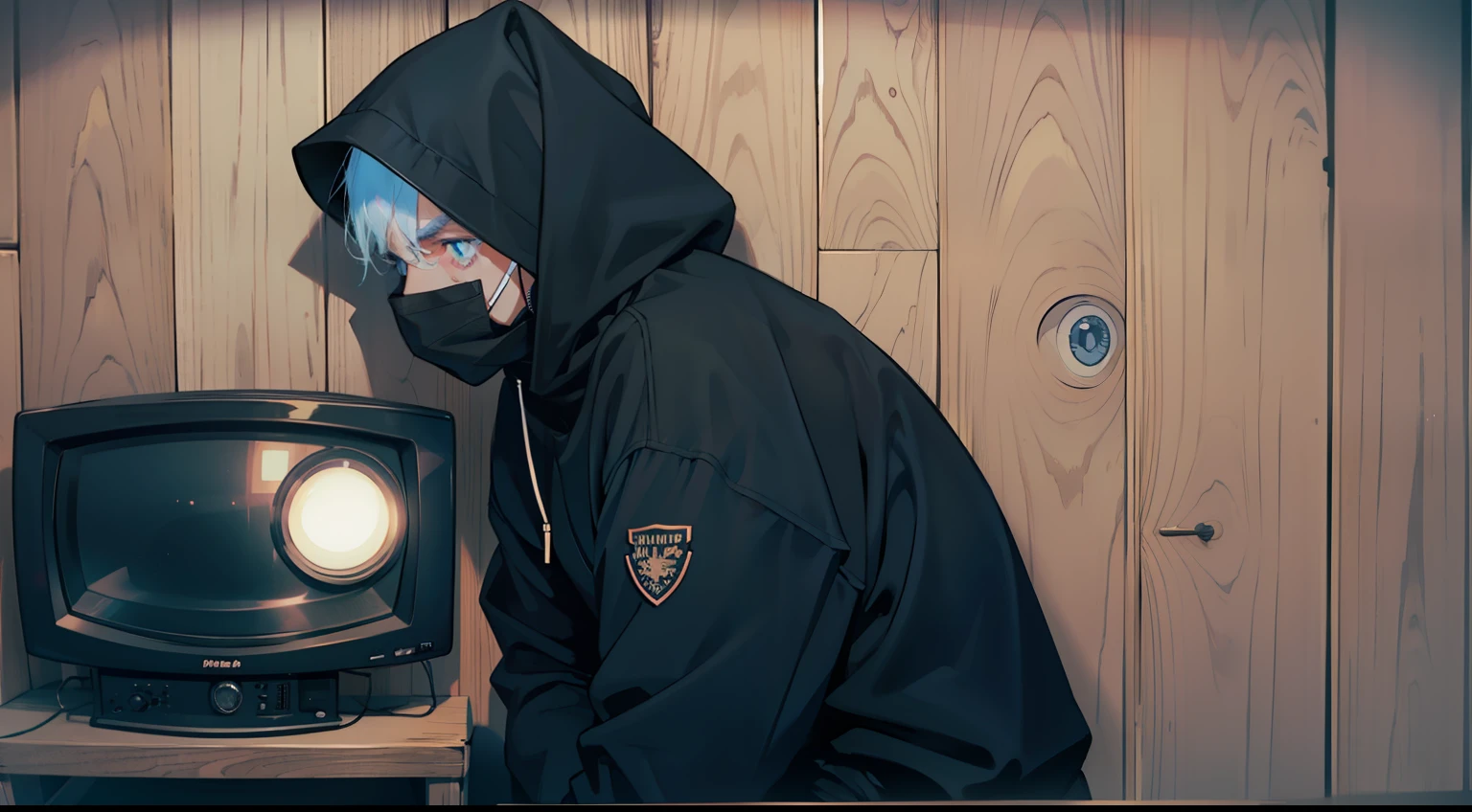 Man in black hood secretly watching vintage TV，nigth，Old-fashioned，wooden wall，darkly，blue tint