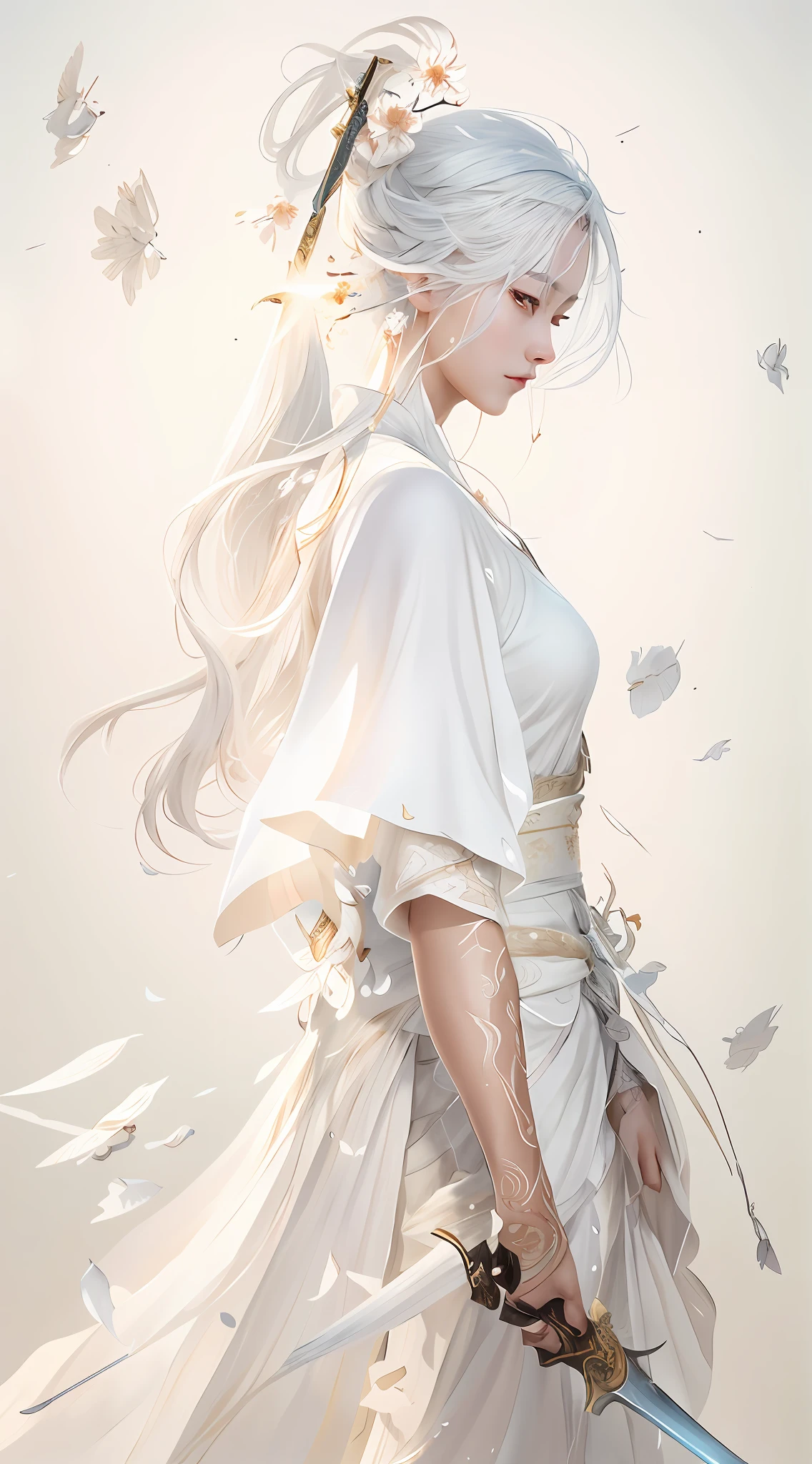 a close up of a woman with a sword in a white dress, a character portrait by Yang J, trending on cgsociety, fantasy art, beautiful character painting, artwork in the style of guweiz, guweiz, white hanfu, flowing white robes, full body wuxia, epic exquisite character art, stunning character art, beautiful female assassin