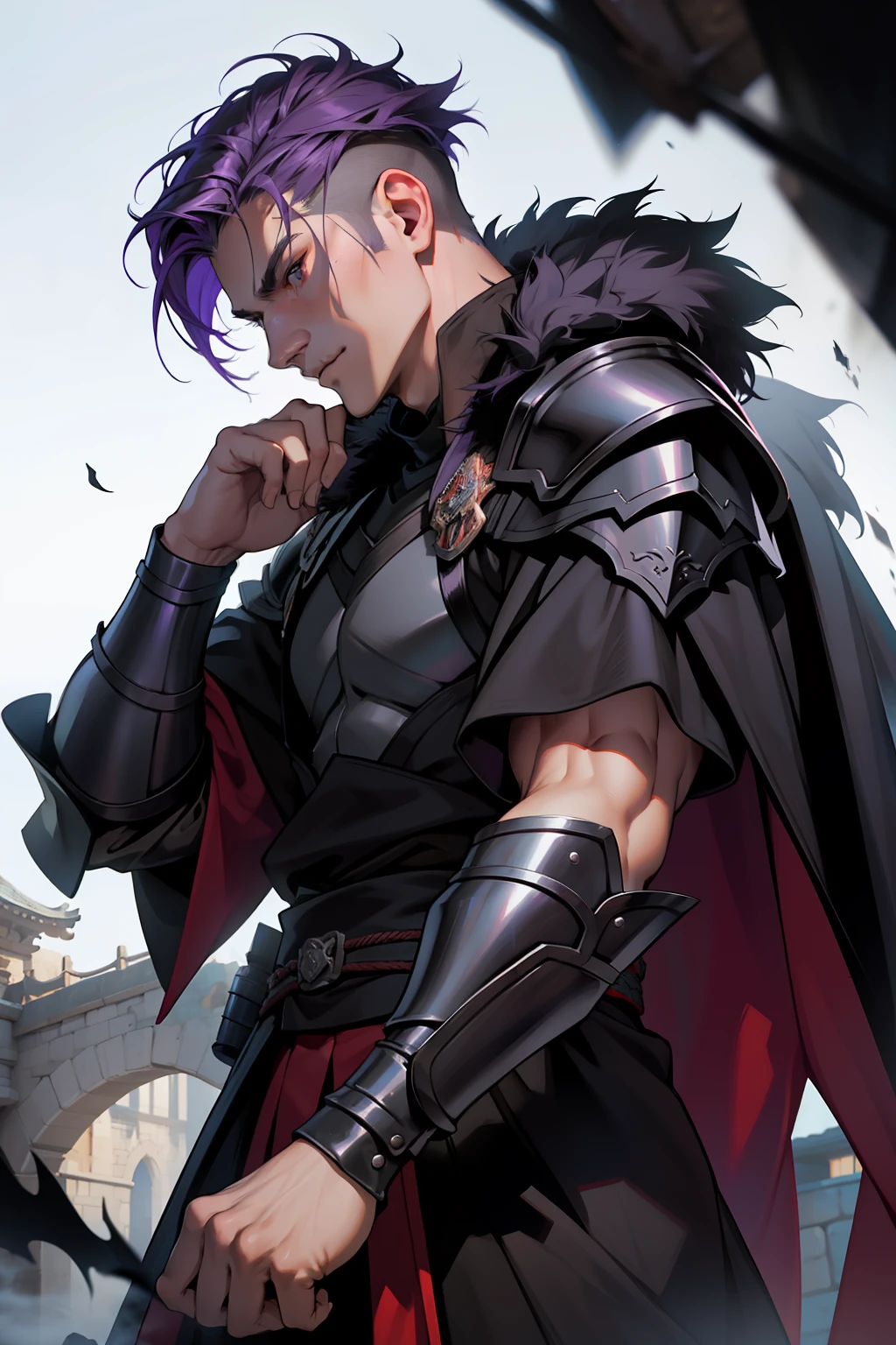 The facial features are clear and three-dimensional,Masterpiece,Highest quality,Handsome male guy,Short thin purple hair,Wearing ancient Japanese armor,Animal fur coat with black cape,Cursed,The Dark Knight,medieval times,Martial artist,depth of fields,Side face,Ghost fire,Black flame,Red pants,
