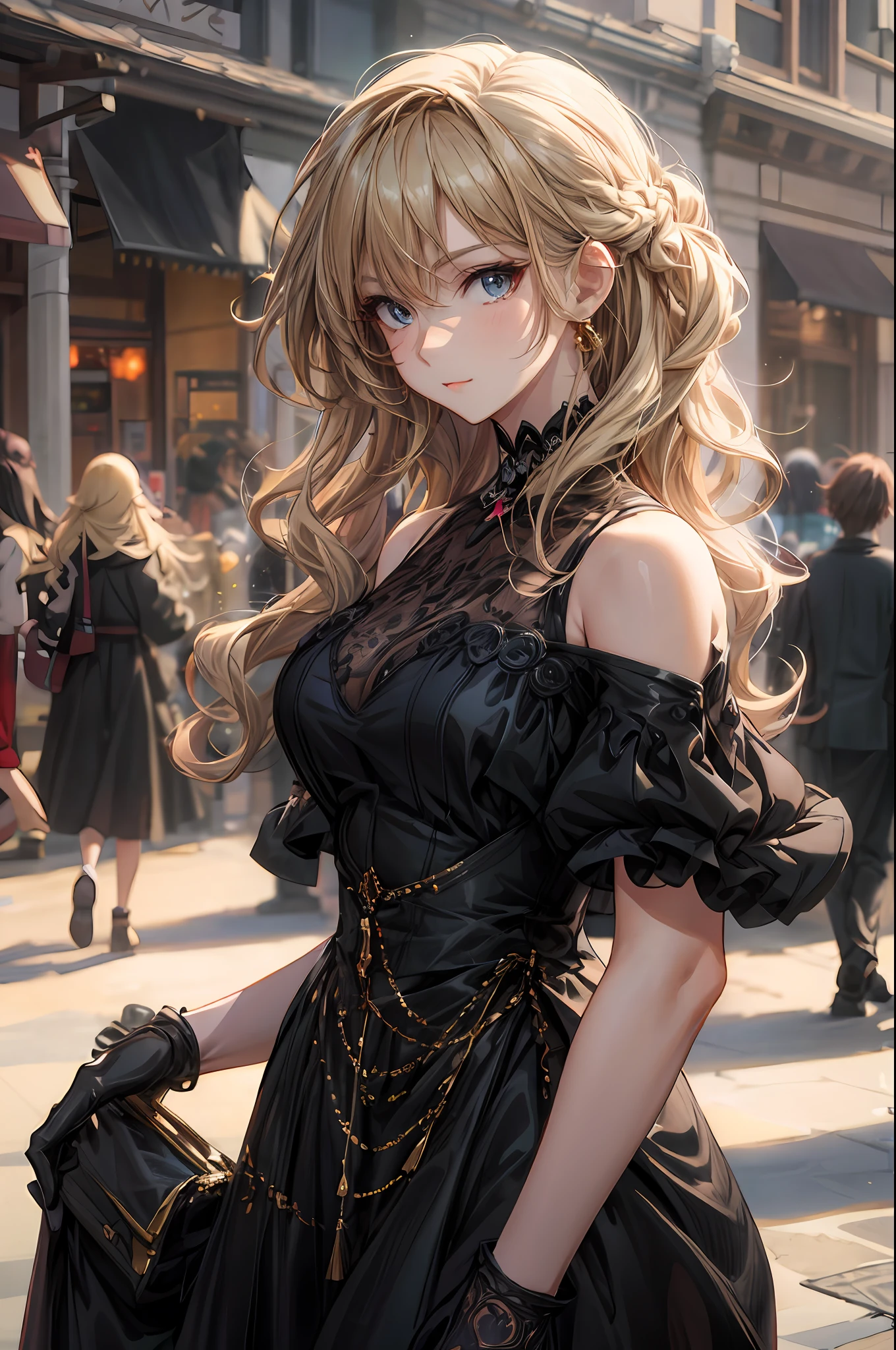 blond haired woman in black dress and gloves walking down a street, anime girl wearing a black dress, cute anime waifu in a nice dress, beautiful anime woman, beautiful alluring anime woman, beautiful anime portrait, beautiful anime girl, detailed portrait of anime girl, detailed digital anime art, blonde anime girl with long hair, artwork in the style of guweiz