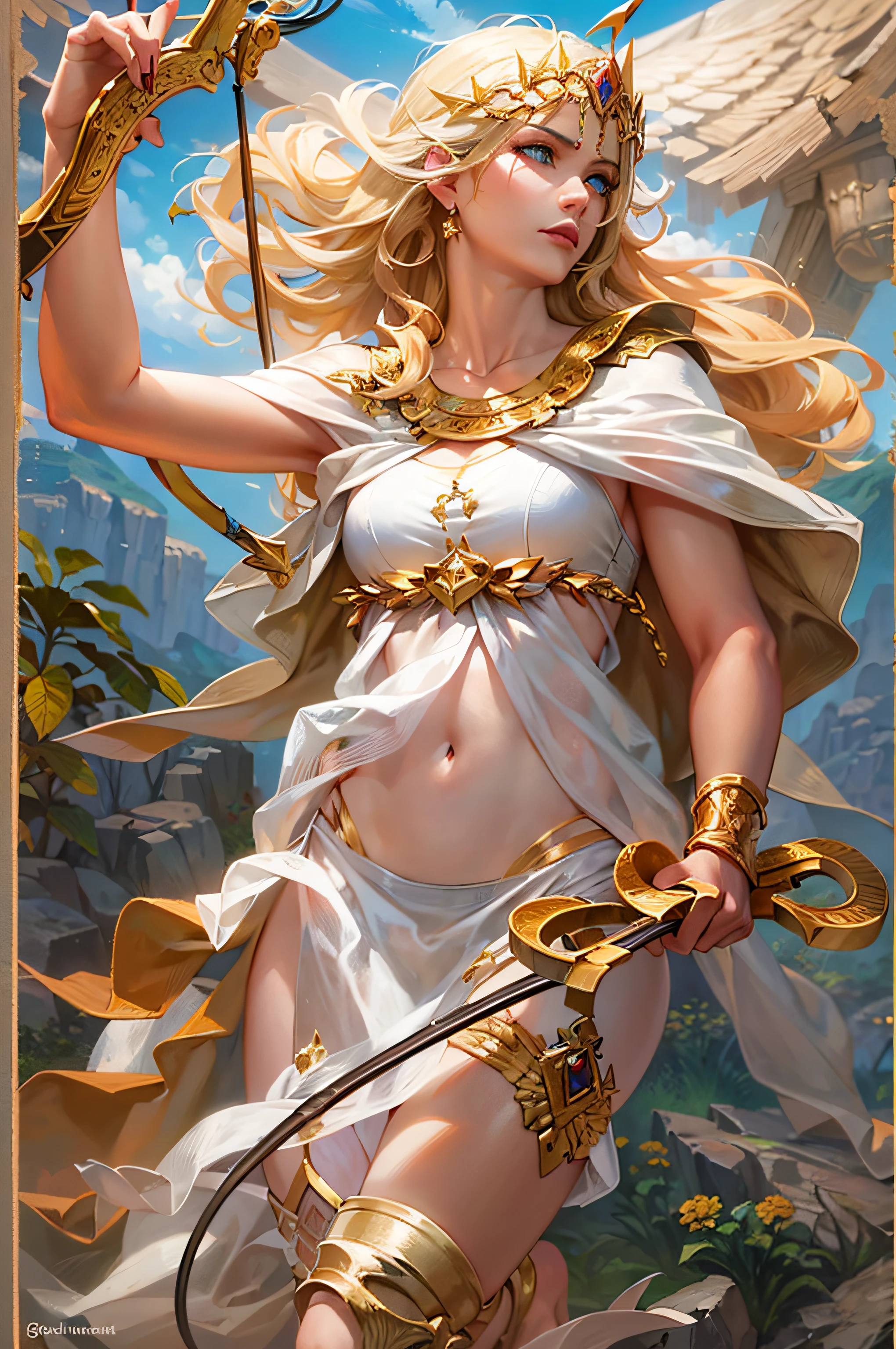 Young goddess of wild nature and virginity and hunting, With (((blonde hair))) and (((blue eyes))), Is stunningly beautiful, Is fair-skinned, Is slender and tall, Shows off her pair of perfect long legs, Wears {a sleeveless, (very short: 1.7), (white:1.5), greek chiton, with golden borders}, Abs, "looks stern and determined", Is holding ((a golden bow)), Is running and chasing her prey, Archery, Mythical Arcadian mountains and forests, Greek mythology, vibrant and lively atmosphere, digital art, hyperrealism, super high quality, super detail, ultra accurate description of hands, masterpiece, 8k, HDR