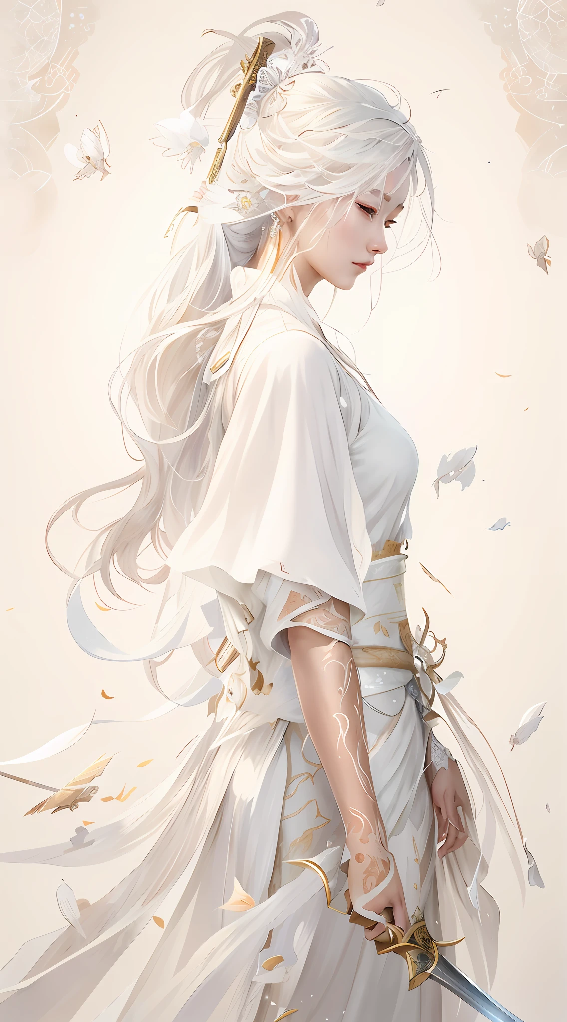 a close up of a woman with a sword in a white dress, a character portrait by Yang J, trending on cgsociety, fantasy art, beautiful character painting, artwork in the style of guweiz, guweiz, white hanfu, flowing white robes, full body wuxia, epic exquisite character art, stunning character art, beautiful female assassin