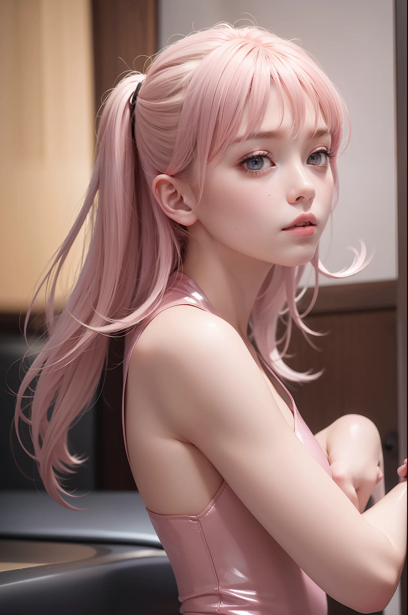 (hyperrealistisch), (Illustration), (hight resolution), (8K), (extrem detailliert), (beste Illustration), (beautiful detailed eyes), (best qulaity), (super detailliert), (Meisterwerk), (Tapete), (detailliertes Gesicht), 3 kids playing together, all bent forward, pink shiny leotard, shiny leotard, sfw,