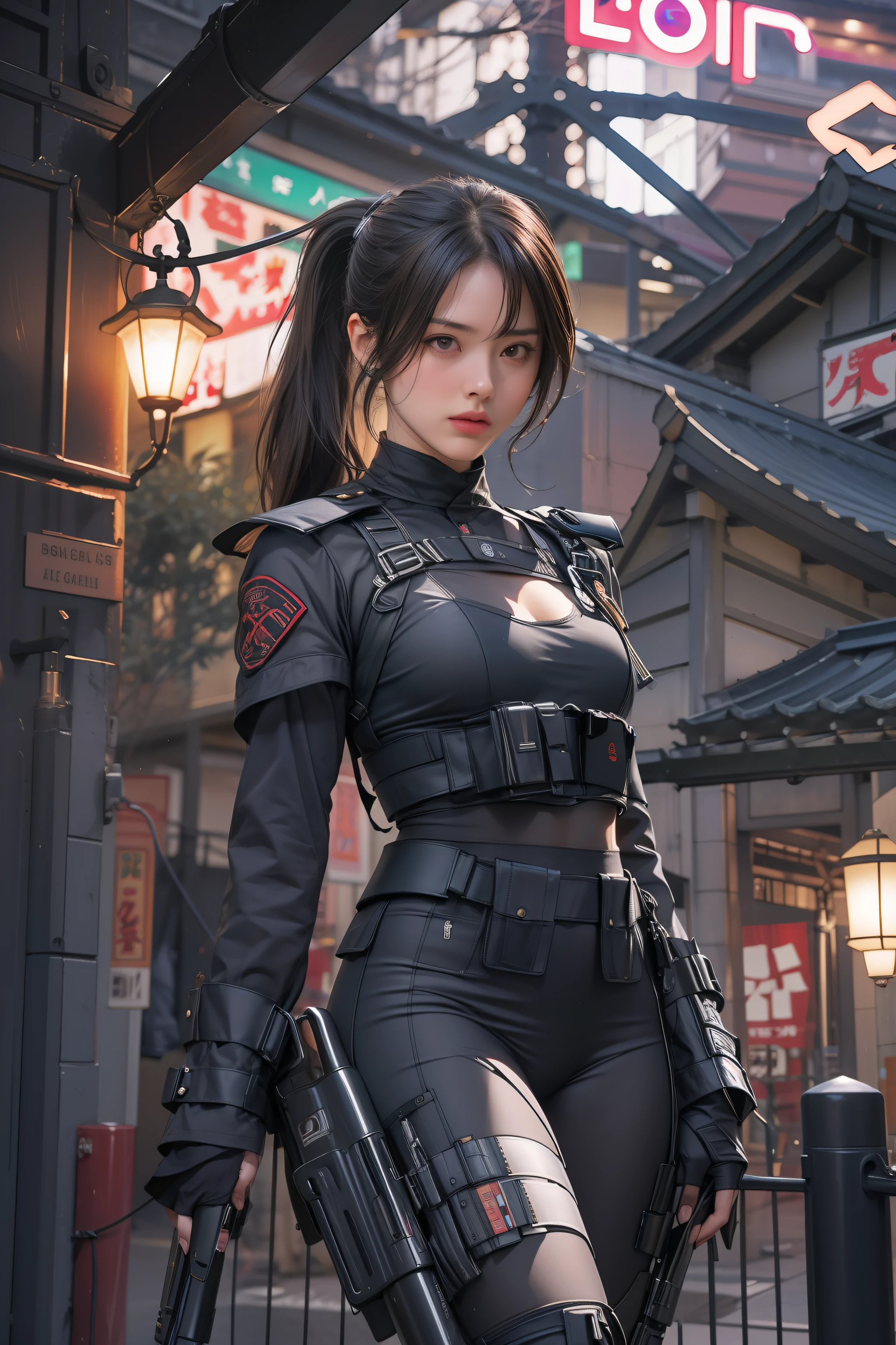 A dark-haired,(ponytail),big eye,full body,Japan beauties,Korean Idol,45-years old,(small tits),flat-chest,top-quality,masterpiece,8K,cowboy shot,1 woman, Elegant beauty, Radiant skin, Detailed facial expressions, (Style Dynamic:0.8),heavy Armed girls ,swat,female nun,emergency service unit,wearing tactical vest,wearing full body suit,summoning a spell circle, midriff,hyper-realistic details, glowing luminous magical energy, japan,tokyo,night scene,tokyo tower,metropolitan police department,anti-monster squad,Standing Pose,Determined expression, Armor Details, Detailed background,powerful aura,