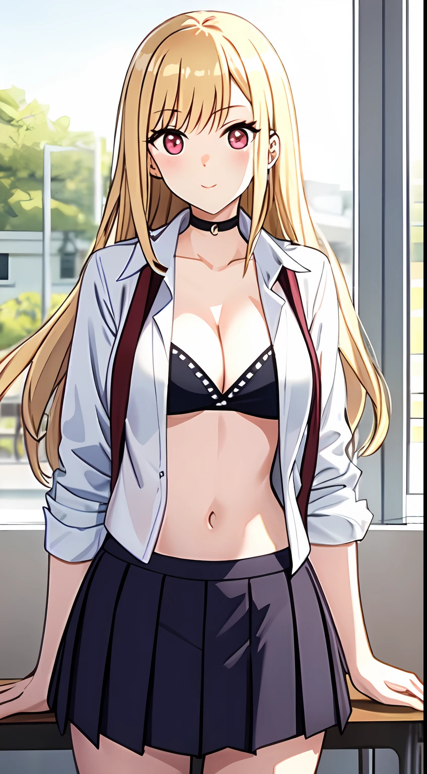 long hair, cleavage, navel, slim legs, blonde hair, skirt, Kitagawa marin, school uniform, class