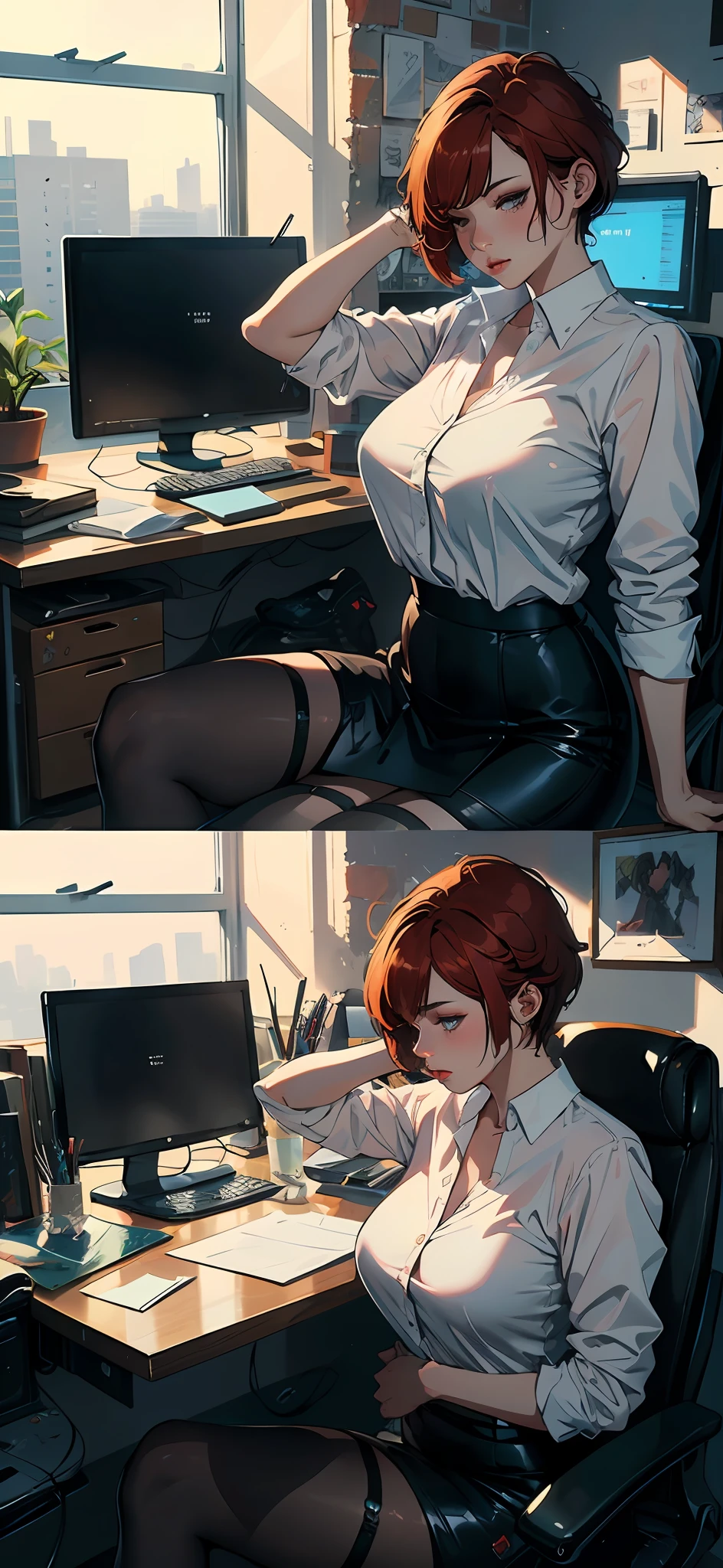 portrait of a office lady sitting in a strict suit, office workers, business woman, OL, pantyhose, garter belt. (face: double eyelids, thick lips, blushing), (seductive curvy body), (expression: disgusted="half closed eyes"), "(hair: redhead pixie cut hair)", (pose: raising both arms and straddle legs) (masterpiece:1.2, best quality, digital art, hyperrealistic details, detailed digital art, realistic texture, detailed CG, extremely high detail, digital illustration, mezmerizing views)
