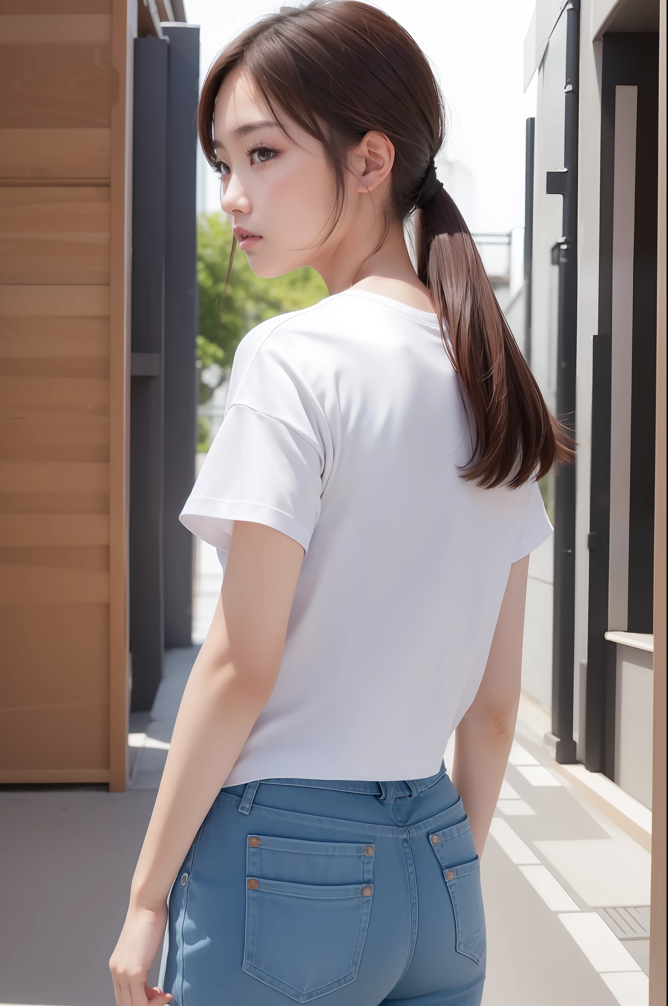 8K, best quality, (masterpiece), (photorealistic), (realistic), (ultra high definition), ray tracung, (back view), 1 girl, japanese female, high definition cute face, high definition closed mouth, high definition eyes, above waist, white T-shirt
