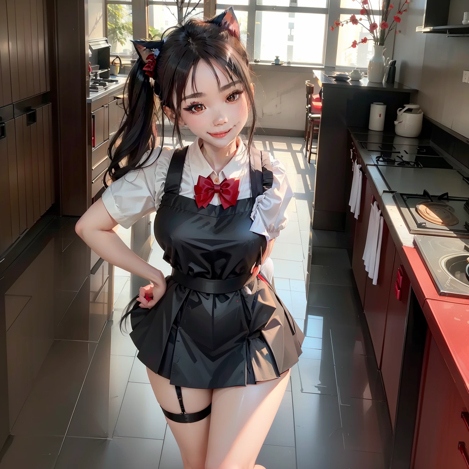 Black maid outfit,White apron,Black double ponytail,Pure Japanese girl,red bowtie,black lence stockings,Black leather shoes,kitchens,Standing position,Smile at the camera,Spread your legs,with hands behind her back,Red lips,cat ear,Red roses,鎖骨,Bigchest