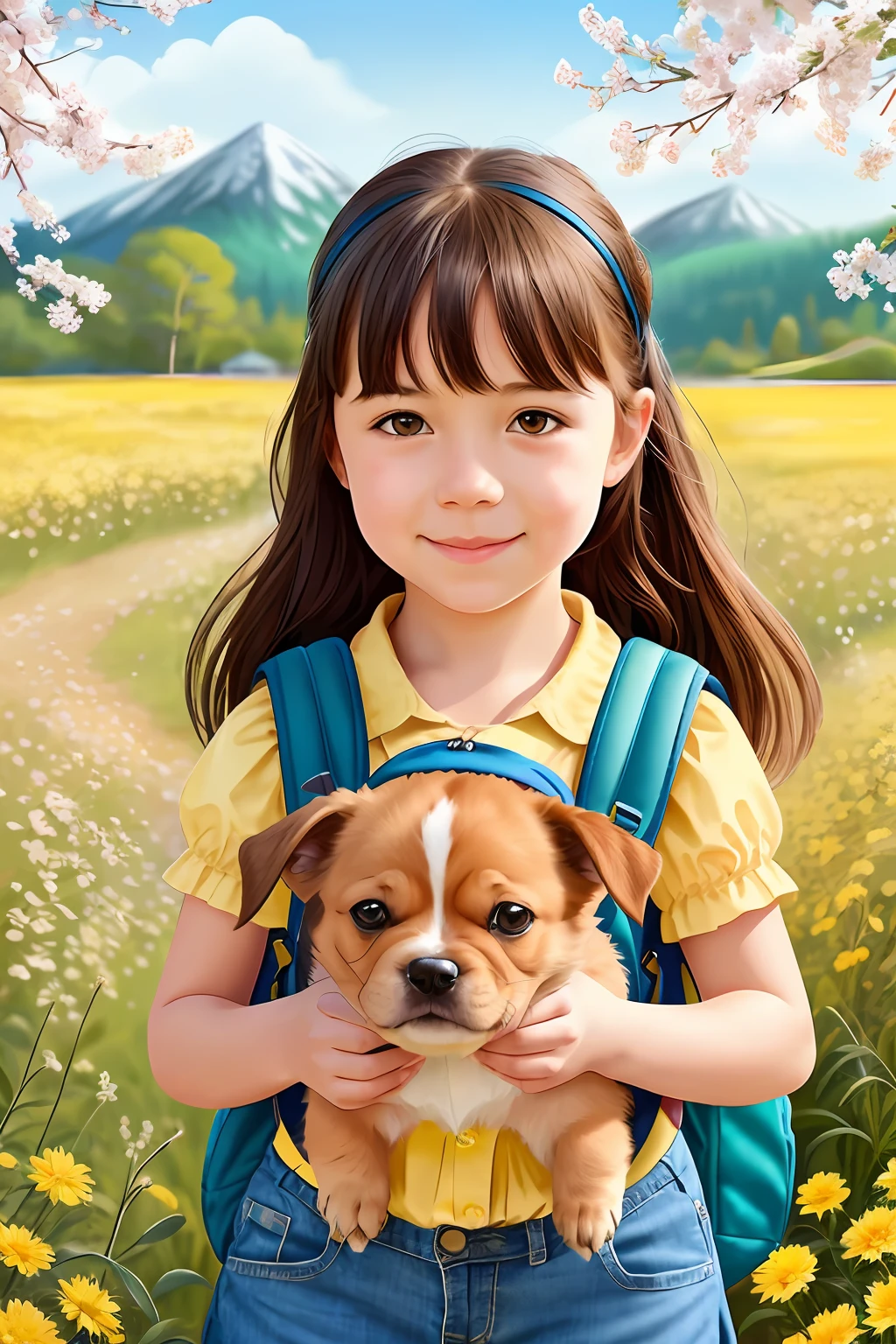 Tip: A very charming little girl with a backpack and her adorable puppy enjoying a lovely spring outing surrounded by beautiful yellow flowers and nature. The illustration is a high-definition illustration in 4K resolution with highly detailed facial features and cartoon-style visuals.