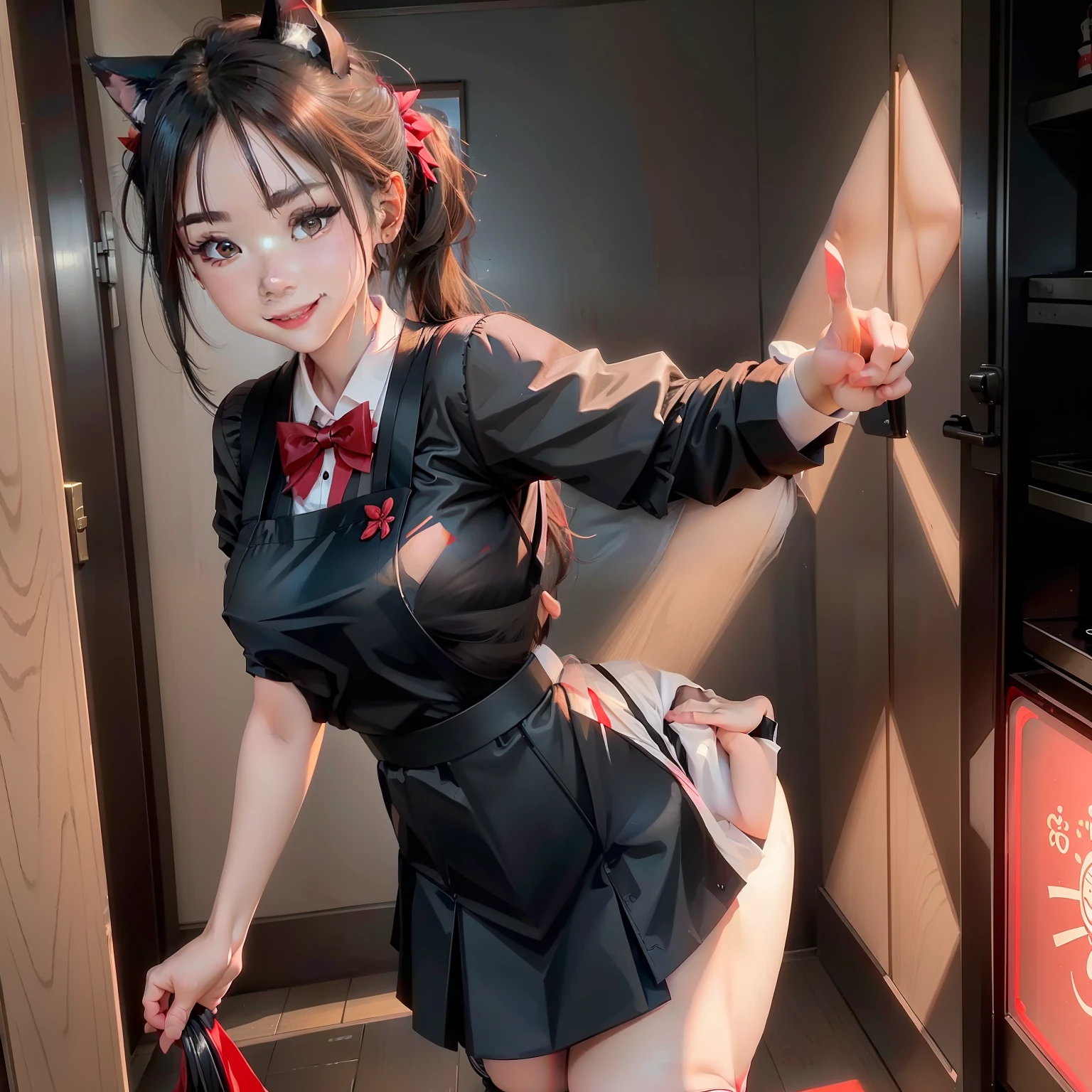 Black maid outfit，White apron，Black double ponytail，Pure Japanese girl，red bowtie，black lence stockings，Black leather shoes，kitchens，Standing position，Smile at the camera，Spread your legs，with hands behind her back，Red lips，cat ear，Red roses，鎖骨，Bigchest