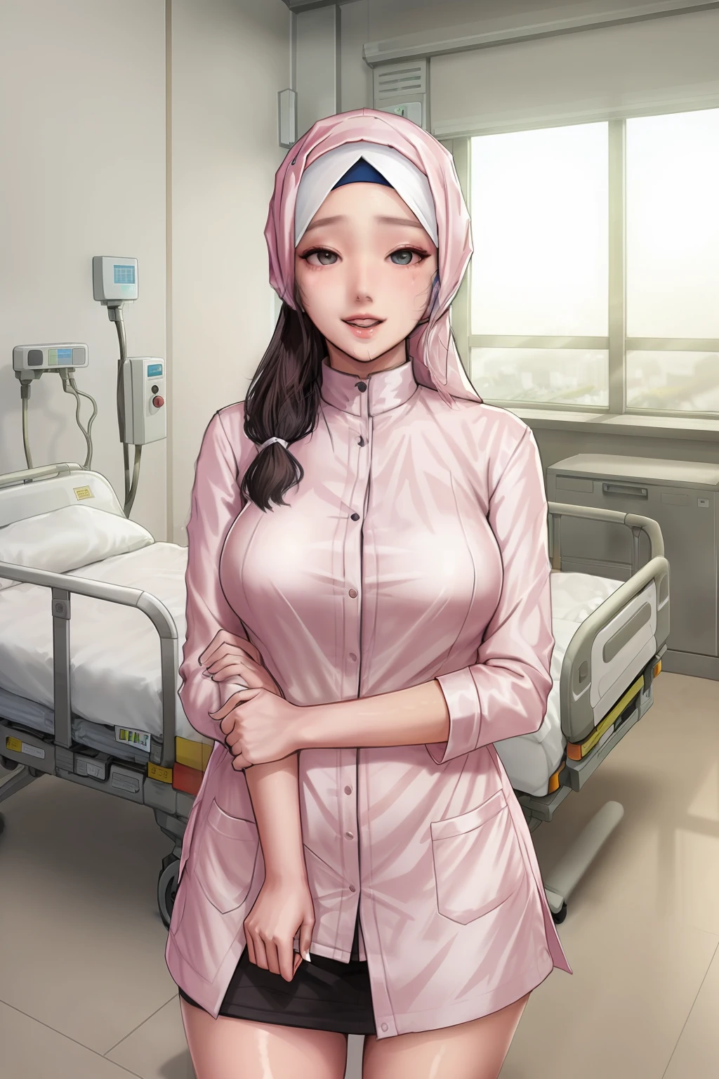 girl,hijab,hospital,happy,close eyes,hijab outfit,