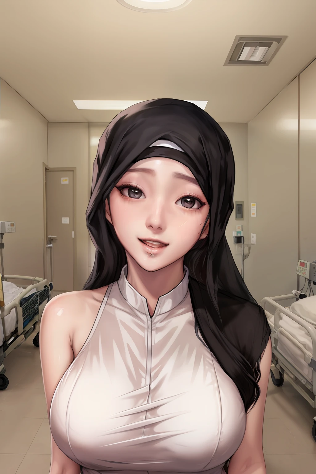 girl,hijab,hospital,happy,close eyes,hijab outfit,