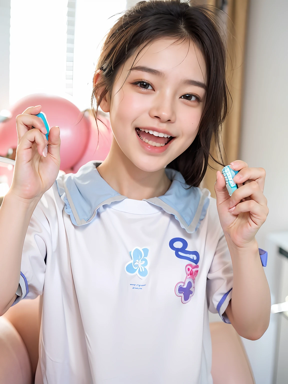 There was a little girl holding a toothbrush and toothpaste, , Young Asian girl, Happy girl, Smiling girl, smiling playfully, and she smiling,Very excited, Happy kids, Children, Playful smile, Gamine, and she smiling,Very happy, Small smile, Girl, small wide smile, very huge smile, she expressing joy, Very excited, with a beautiful smile