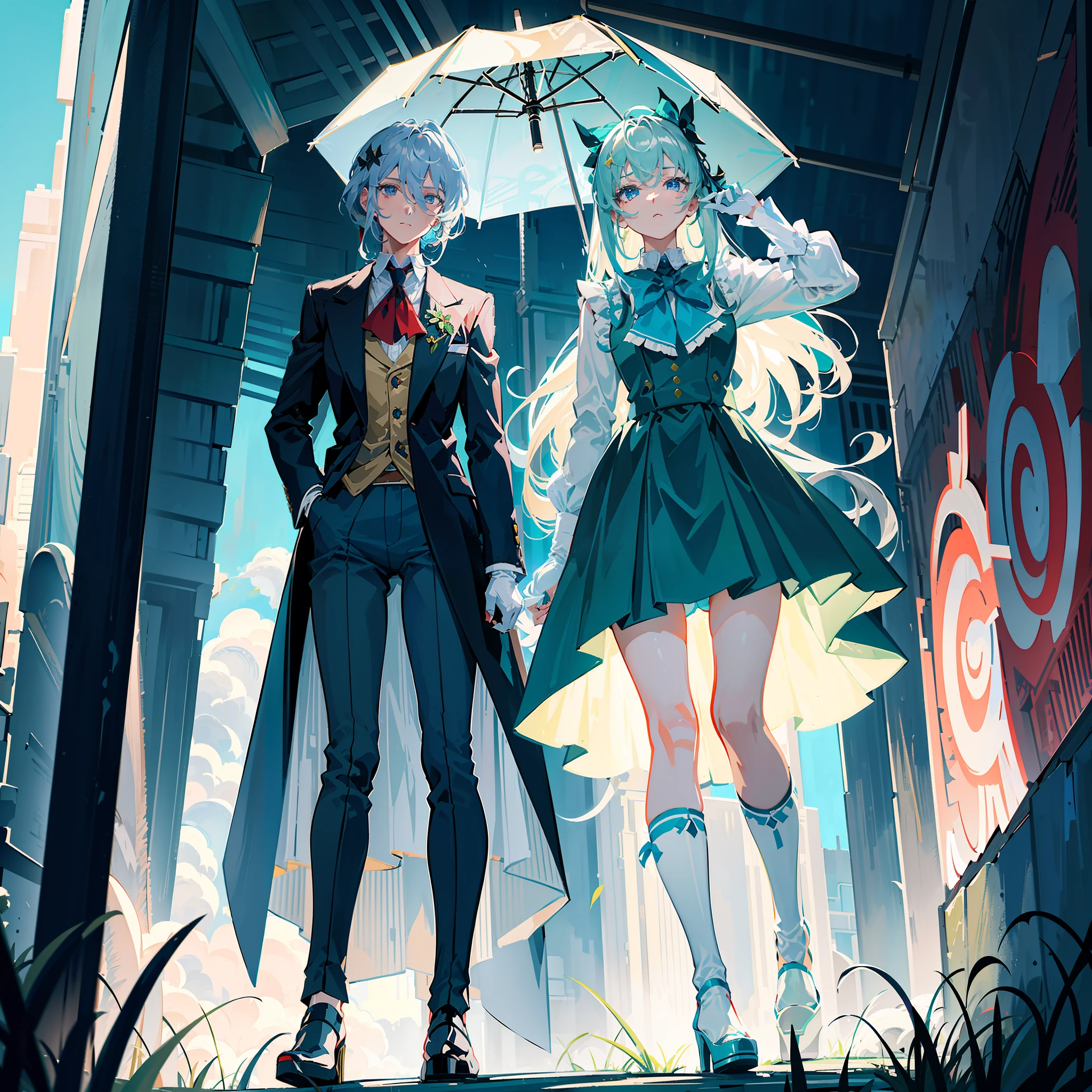 ((tmasterpiece)),((best qualtiy)),((high detal)),((ultra - detailed)) Ridiculous resolution, A high resolution, (masterpiece:1.4), two-dimensional anime shoujo gray hair hair hanging down blue eyes gray-cyan skirt white panties green bow on head umbrella in left hand gloves red high heels rain background grass behind the girl beautiful