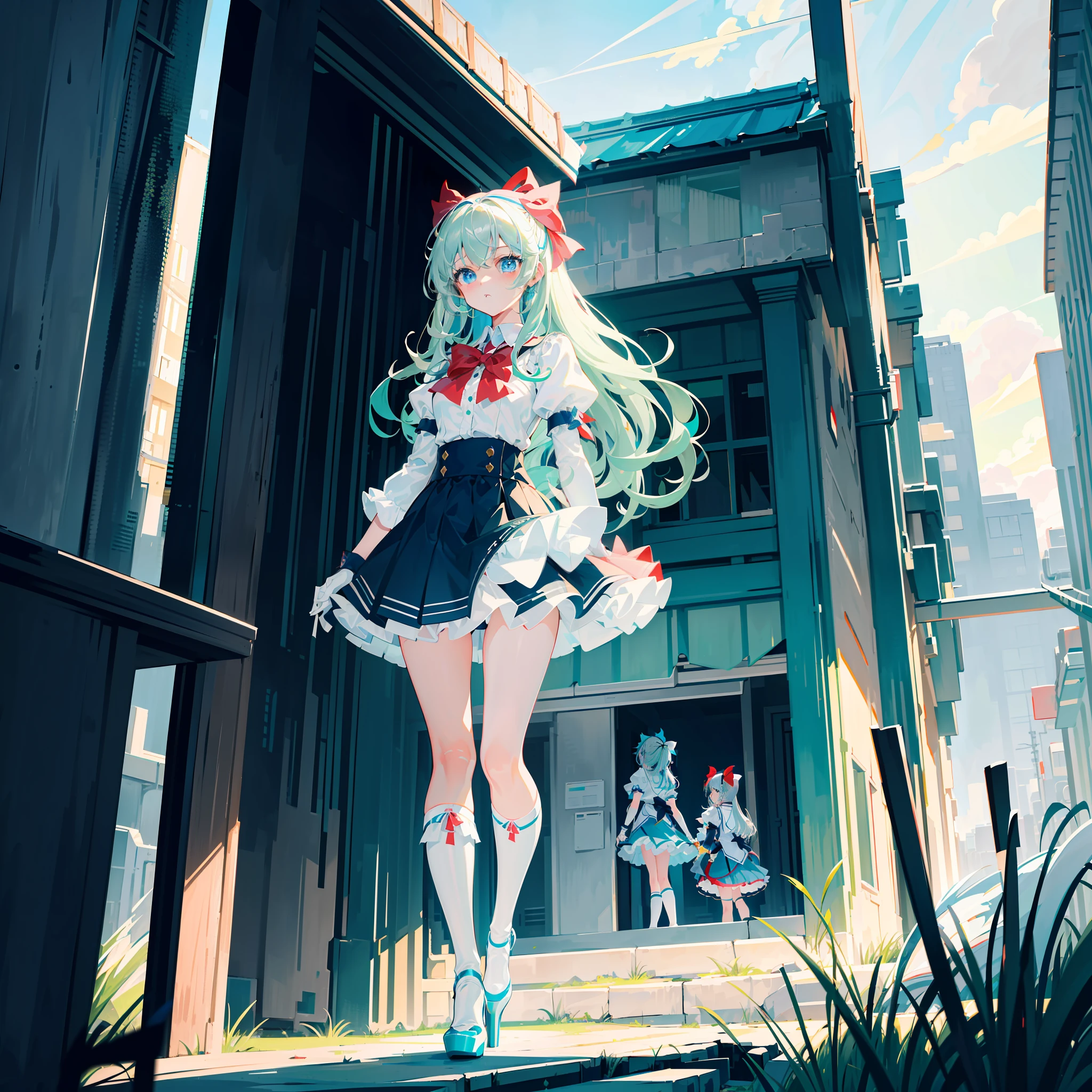 （（tmasterpiece）），（（best qualtiy）），（（high detal）），（（ultra - detailed）） Ridiculous resolution, A high resolution, (masterpiece:1.4), two-dimensional anime shoujo gray hair hair hanging down blue eyes gray-cyan skirt white panties green bow on head umbrella in left hand gloves red high heels rain background grass behind the girl beautiful