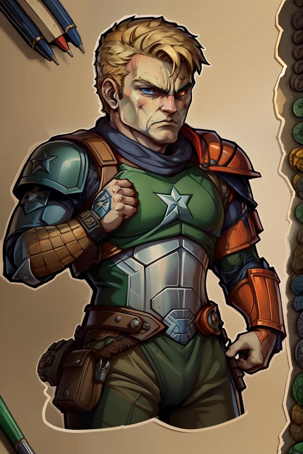 "Imagine um mundo onde os universos de Street Fighter e Marvel se colidem. In the midst of this epic encounter, A new hero emerges, a unique merger between Guile and Steve Rogers. This new character possesses Guile's extraordinary fighting skills and discipline, combinado com armadura e instinto de batalha de steve rogers. Draw this epic fusion between Guile and rogers. Show me the combined power of these two iconic characters and surprise me with your unique interpretation of this new hybrid hero."