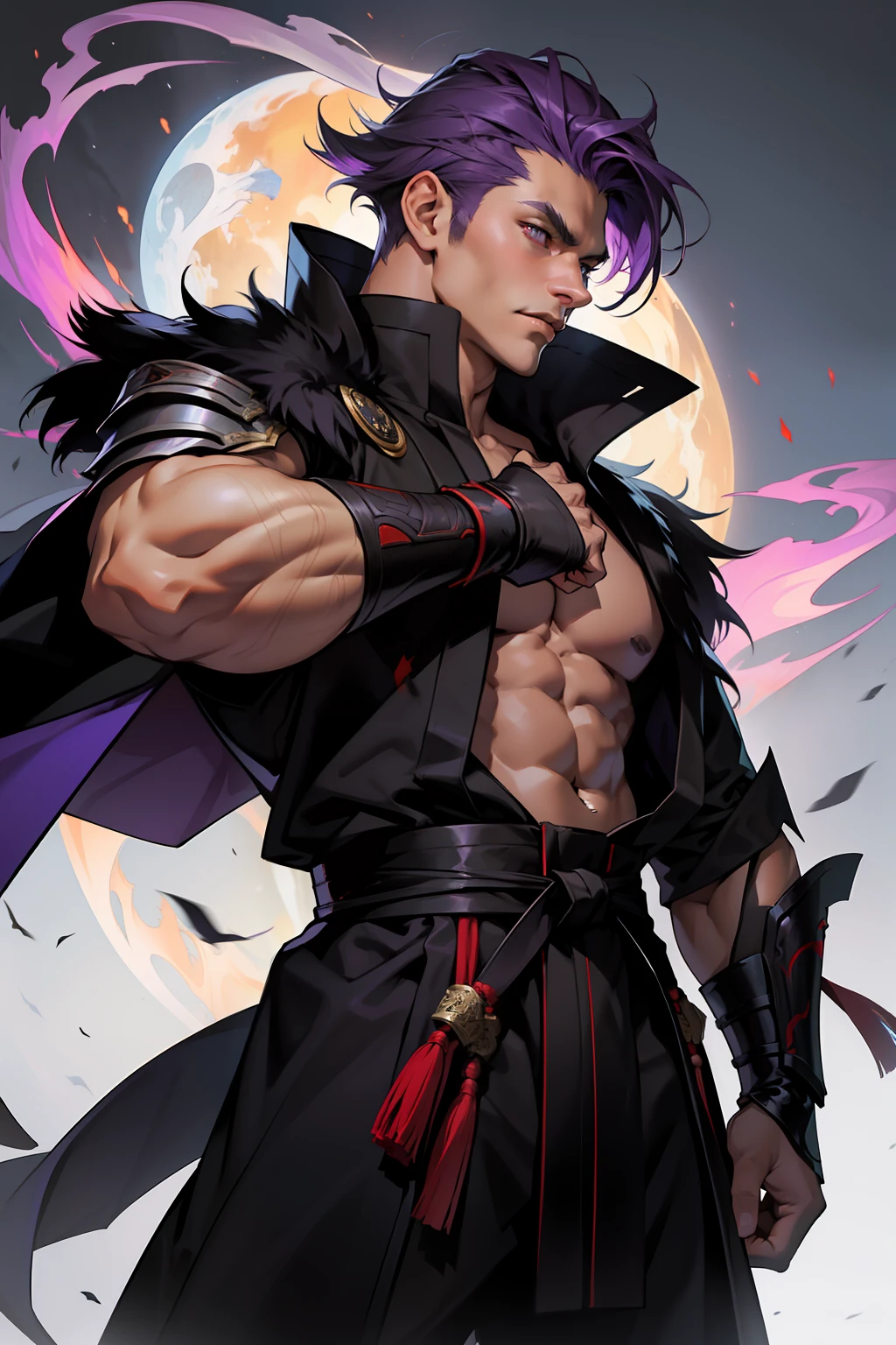 The facial features are clear and three-dimensional,Masterpiece,Highest quality,Handsome male guy,Short thin purple hair,Wearing ancient Japanese armor,Animal fur coat with black cape,Martial artist,Ghost fire,Black flame,Red pants,Martial artist,Side face,depth of fields
