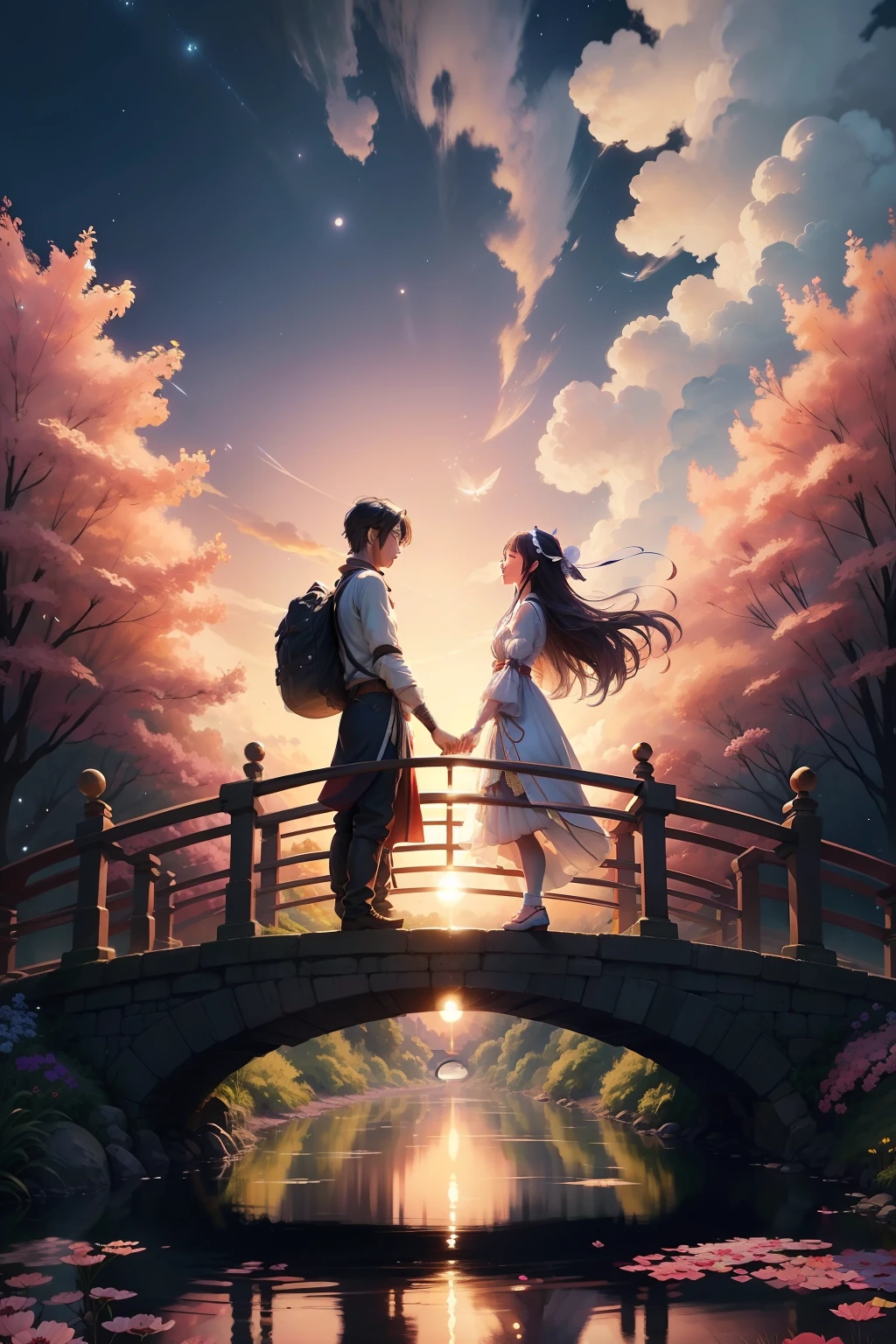 On a sunny day in Tanabata, Clouds fluttering,On the Magpie Bridge,The cowherd and the weaver girl stand opposite each other。Look at each other affectionately。starry sky bright,Quiet by the river,It was as if there were only two of them left in the entire universe。At this moment,A thousand years of waiting turned into a sweet encounter,Love blooms on the night of Tanabata。small person,There are big scene posters,A couple standing on the bridge, Poster illustration, A beautiful artwork illustration, poster for, vibrant tourism poster, lie on white clouds fairyland, Chinese fantasy, Poster design, illustrated poster,Very dreamy,Horizontal version,Character backs