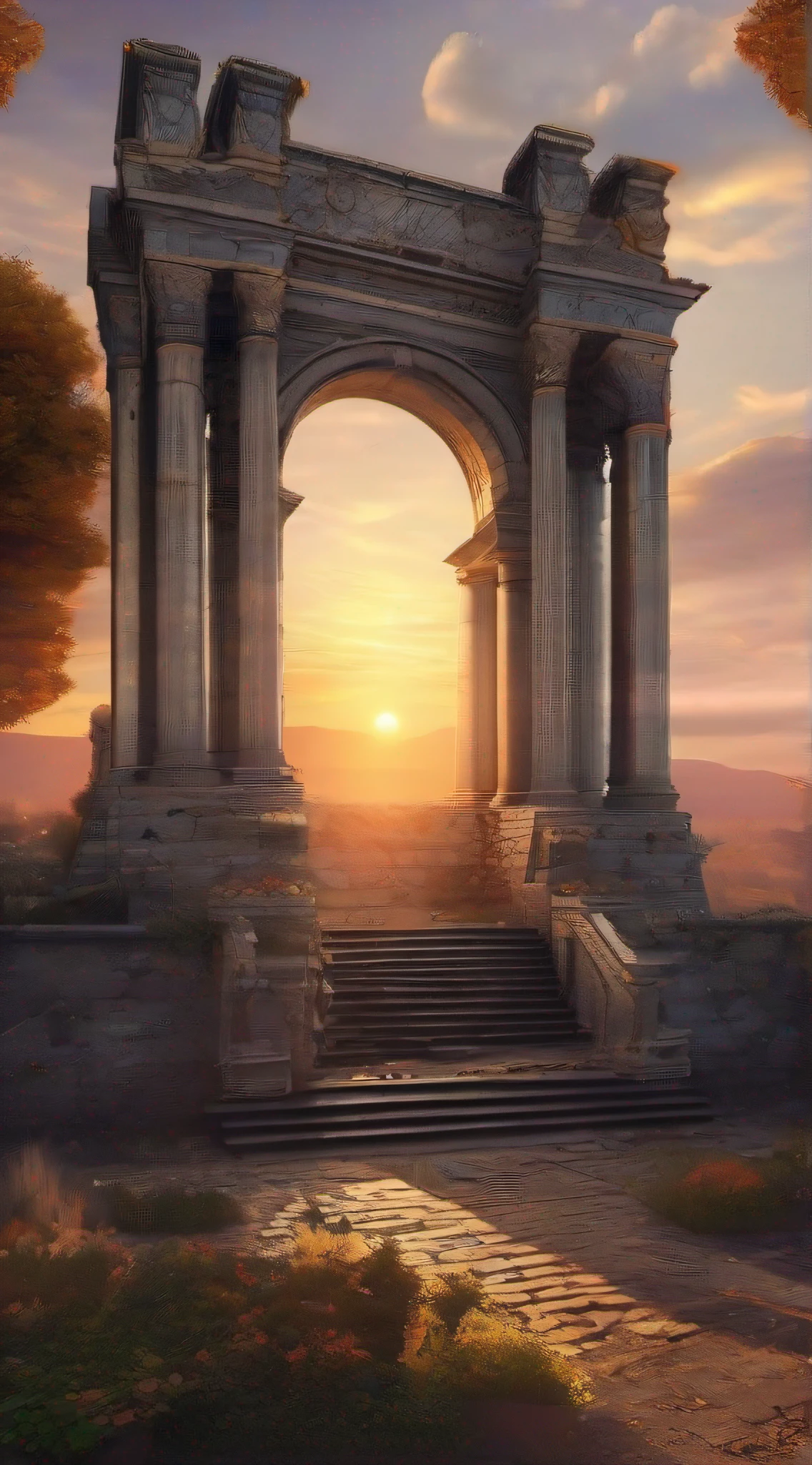 "(nvinkpunk:1.2)(SNTHWVE style:0.8) Ruins of ancient Roman battlefields of the XVIII century,the sunset,finely complex,highly  detailed。"