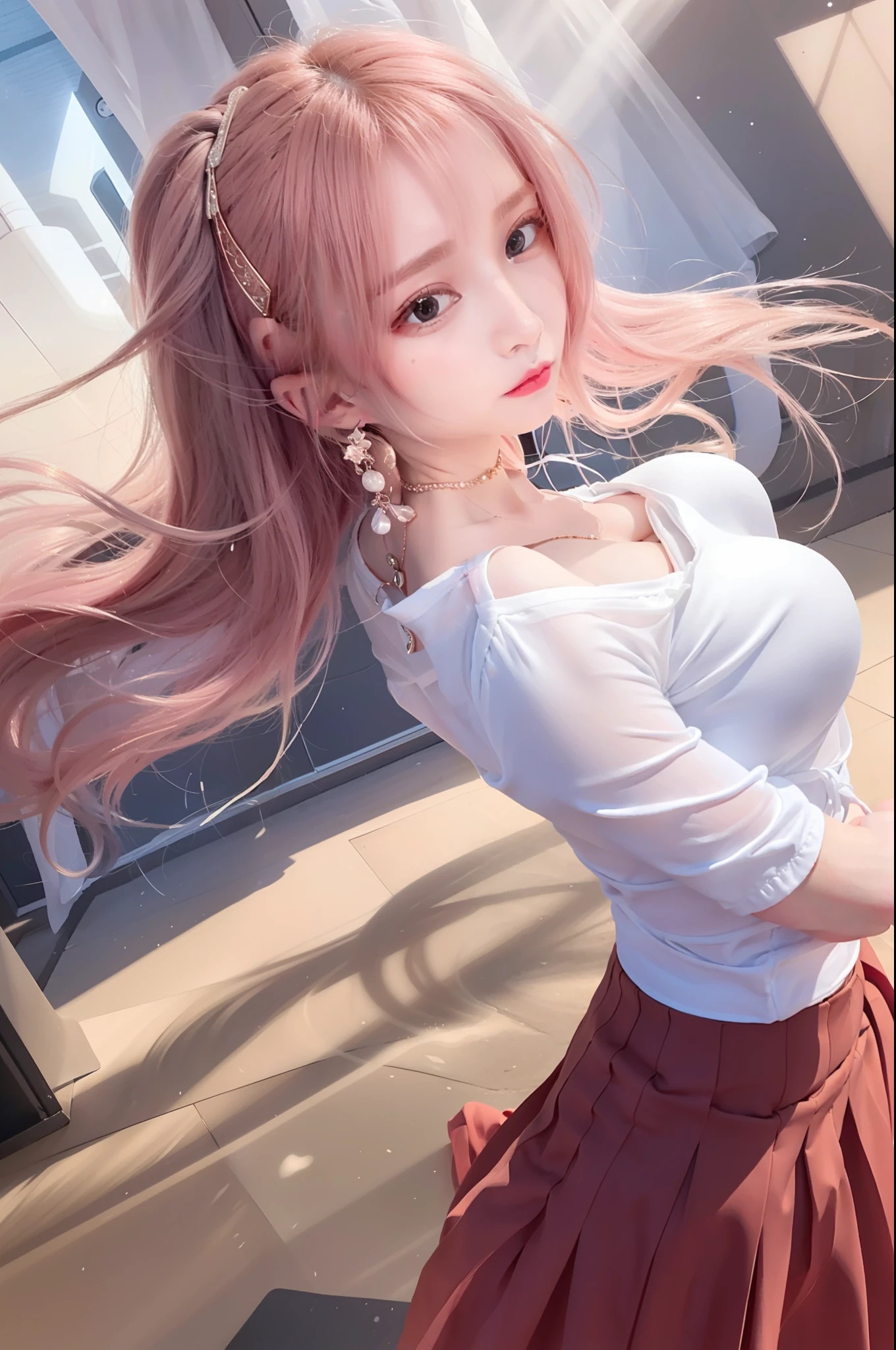 {{{{{{masterpiece}}}}}}, {{{game cg}}}, {{{{{{best shadow}}}}}}, {{{{{{{{{{{dynamic angle}}}}}}}}}}}, {{{{building street}}}}, {{1girl}}, {lady}, {{{{ultra realistic 8k, CG,}}}}, {{{realistic}}},  {{best quality}}, {{{ultra-detailed}}}, {{{best illustration}}},  {{{{an extremely delicate and beautiful}}}}, {glowing earrings}, {glowing earrings}, {beautiful red eyes}, {eyelashes}, {eround eyes}, {{{jewelry eyes}}}, {twinkle eyes}, {glowing eyes}, {{sparkling eyes}}, {finely detail}, {{beautiful detailed girl}}, {{{{{{{{wind}}}}}}}}}, {{floating hair}} , {{{{slender face}}}}, {lipstick}, {{{clavicle}}}, {{{big breasts}}}, {barrette},  {{{{{{{{absurdly long hair}}}}}}}}, {{{{{delicate beautiful face}}}}}, {{{half updo / updo}}}, {{{light pink gradient hair}}}, {shiny hair}, {shiny skin}, {{{{red skin}}}}, {{{{{{{{hair in one eye}}}}}}}}, {{{{{light red colored inner hair}}}}, {{{{{back view}}}}}, {{{{{look back}}}}}, {{{{{surprised}}}}}, {{{{{{{pleated long skirt}}}}}}}, {{{{{{{{{skirt tug}}}}}}}}}, {{{{{{{{{{{{{skirt rolls up}}}}}}}}}}}}},  {{black fishnet lace tights}}, {{{{{girdle tights}}}}}, {{{{{open white blouse}}}}},  {{intersection}},  {{{{{{{{embarrassed}}}}}}}}, {{{{troubled face}}}},