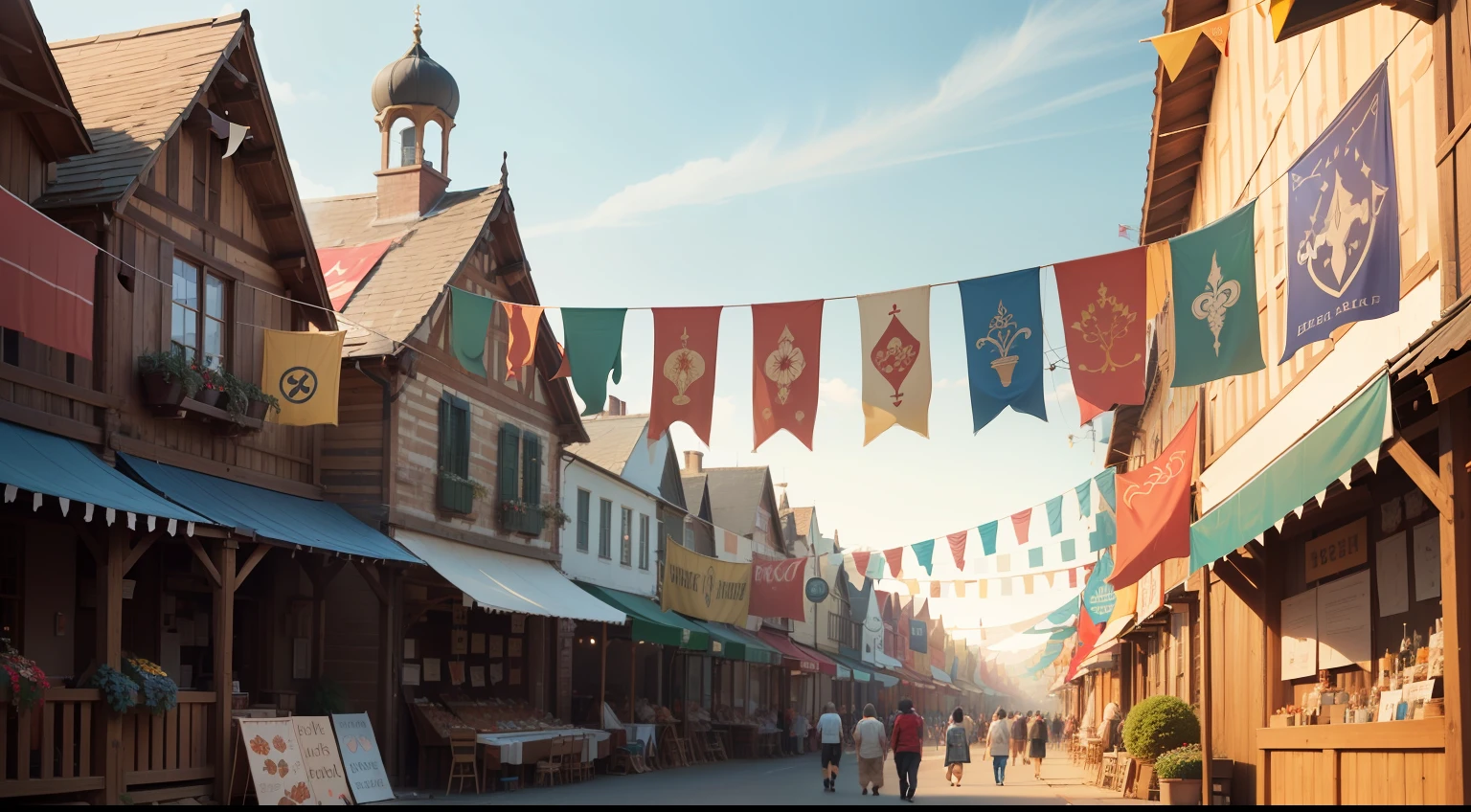 The village fair has come to town, and the whole place is adorned with colorful banners and decorations