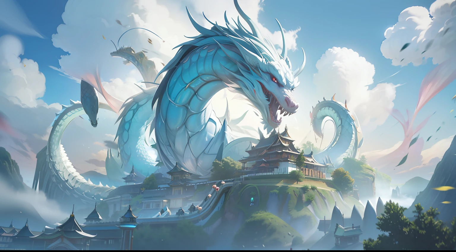 There is a dragon sitting on a building in the sky, cyan chinese dragon fantasy, chinese dragon concept art, colossal dragon in background, Chinese fantasy, colossal dragon as background, by Yang J, majestic japanese dragon, Dragon Art, giant dragon flying in the sky, by Bayard Wu, trending on artstation pixiv, drak, a dragon made of clouds，best qualtiy， tmasterpiece， 超高分辨率， （realisticlying：1.4）， RAW photogr，