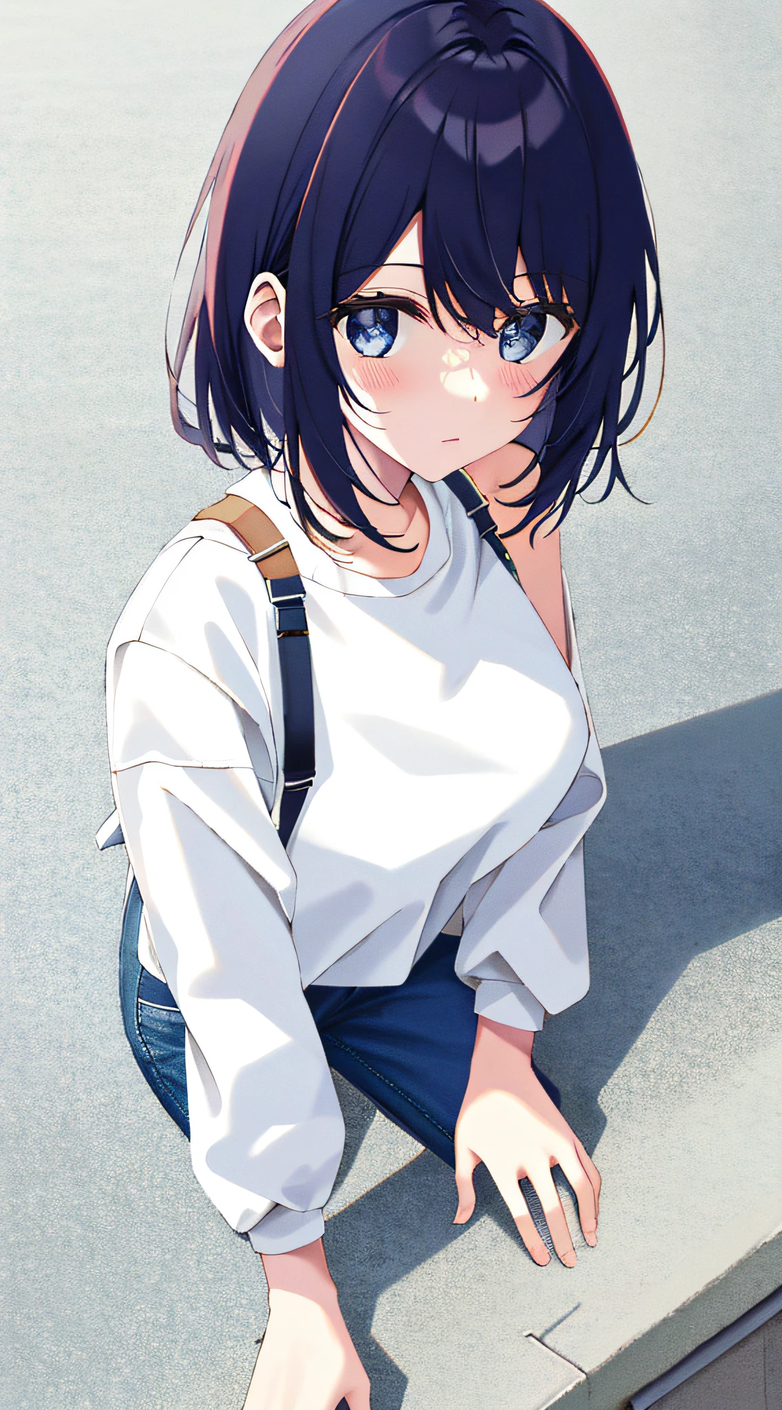 One upper body to wear(white straitjacket)Wear it on the lower body(denim pant)of women crouching on the ground to write