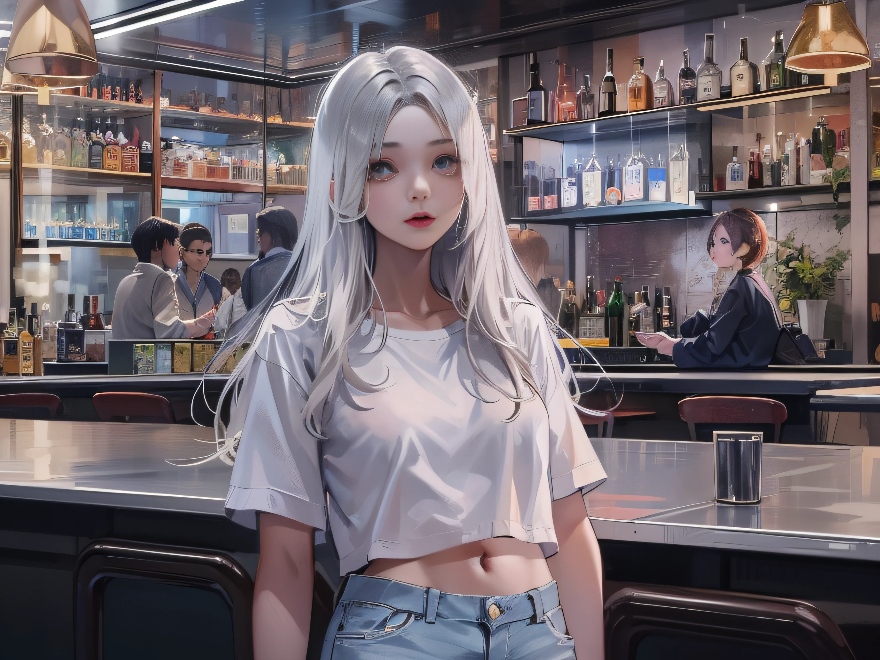 An 18-year-old girl with long silver hair and white half-sleeves and jean pants,Stand in front of the table,Inside a modern urban bar,grand master,tmasterpiece,4k,Ultra-high image quality。