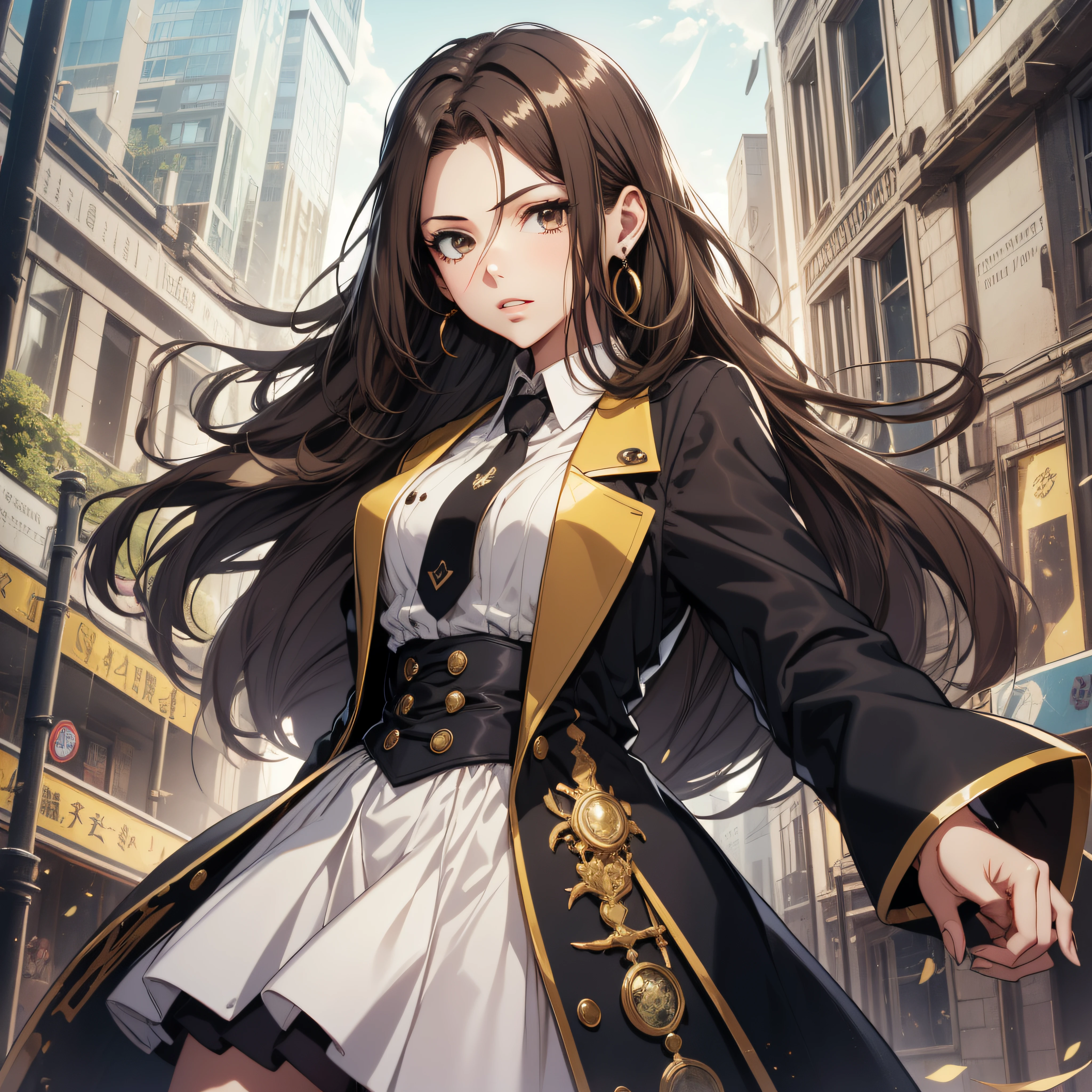 (best quality, masterpiece, ultra-detailed, extremely detailed, highres), (1girl, single, solo), 16 years old Anime girl, brown hair, long raven hair, slightly wavy hair, parted bangs, Magus, brown eyes, diamond earrings, long black coat, necktie, white shirt, black skirt, aristocrat, noble attire, beautiful, ethereal, elegant, prestigious, classic, royal building, natural lips, magic school
